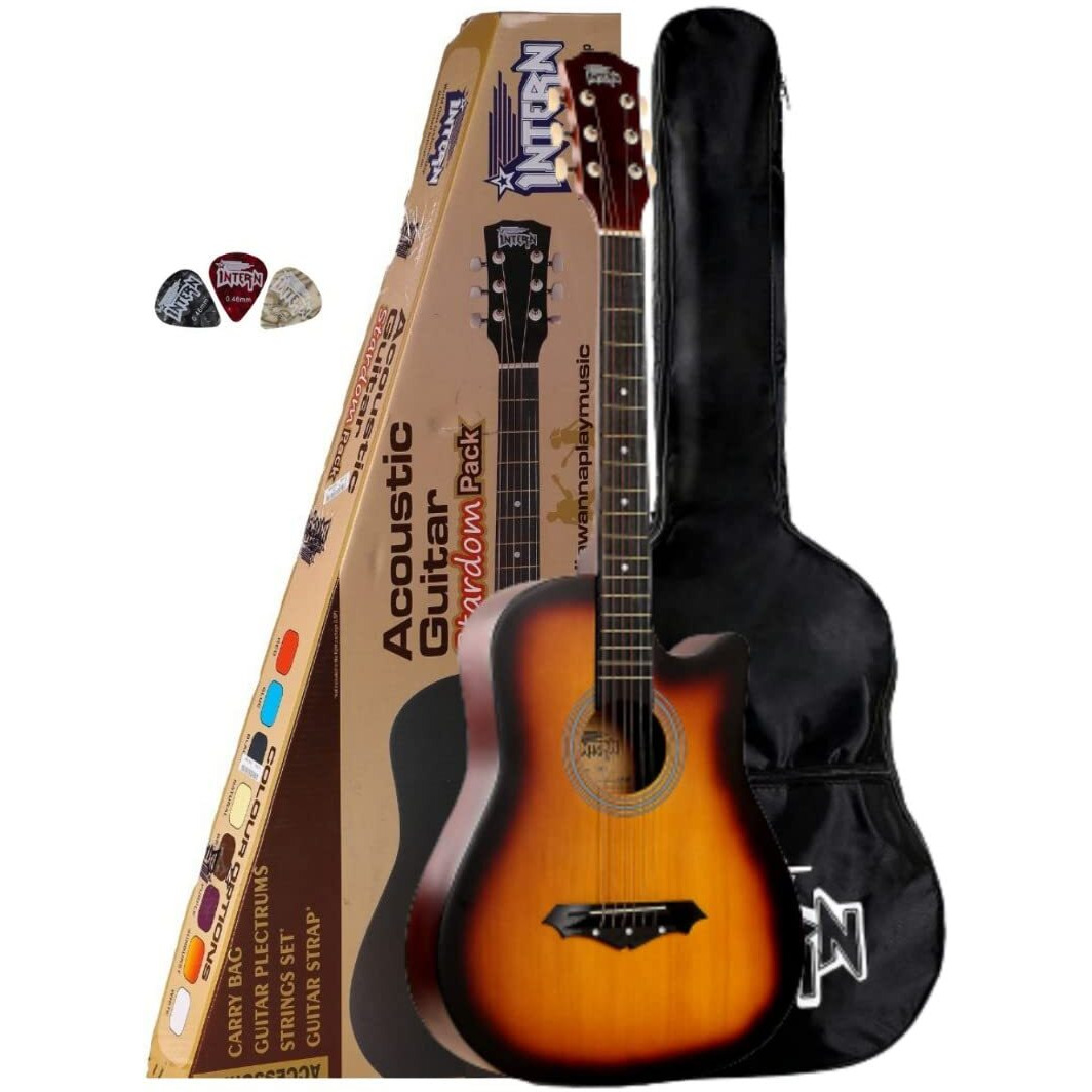 Intern Int-38c Sunburst Linden Wood Acoustic Guitar Kit with Carry Bag and Picks