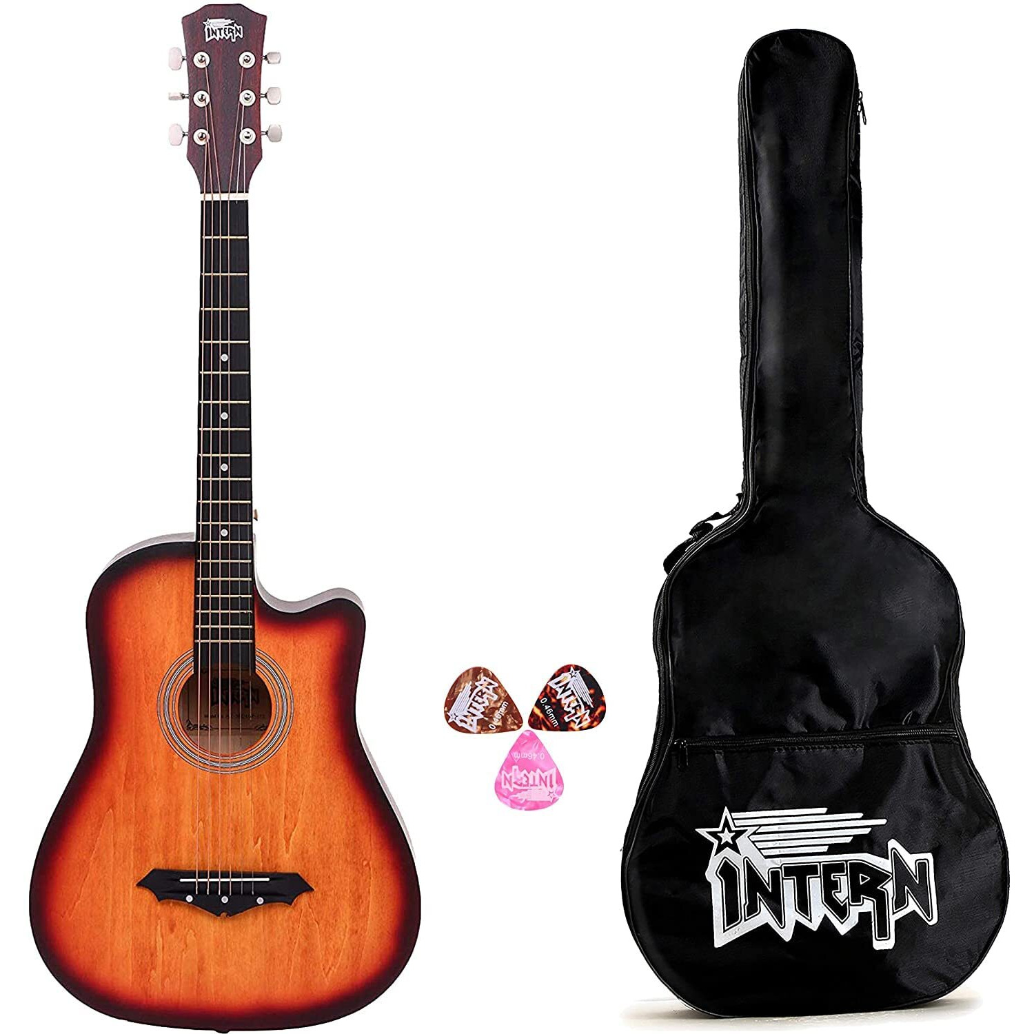 Intern Int-38c Sunburst Linden Wood Acoustic Guitar Kit with Carry Bag and Picks