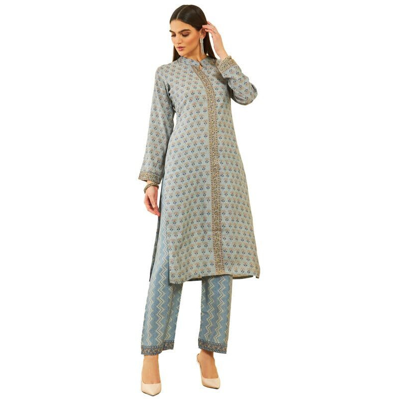 Soch Womens Blue Muslin Floral Printed Kurta Set with Zari Detailed