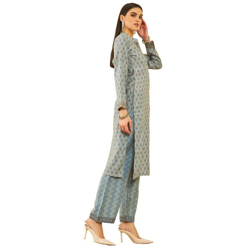 Soch Womens Blue Muslin Floral Printed Kurta Set with Zari Detailed