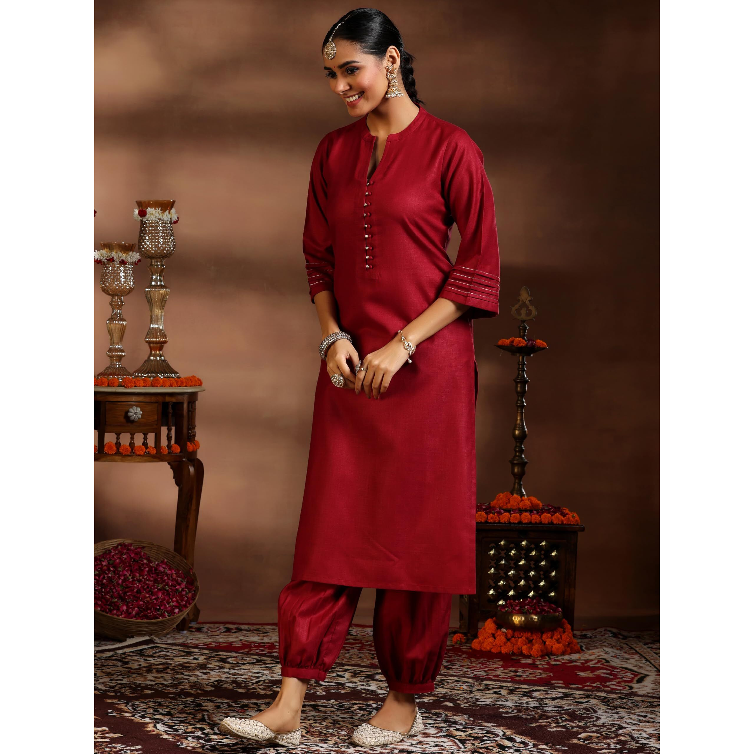 Libas Women's Silk Blend Kurta Set (39046_Maroon