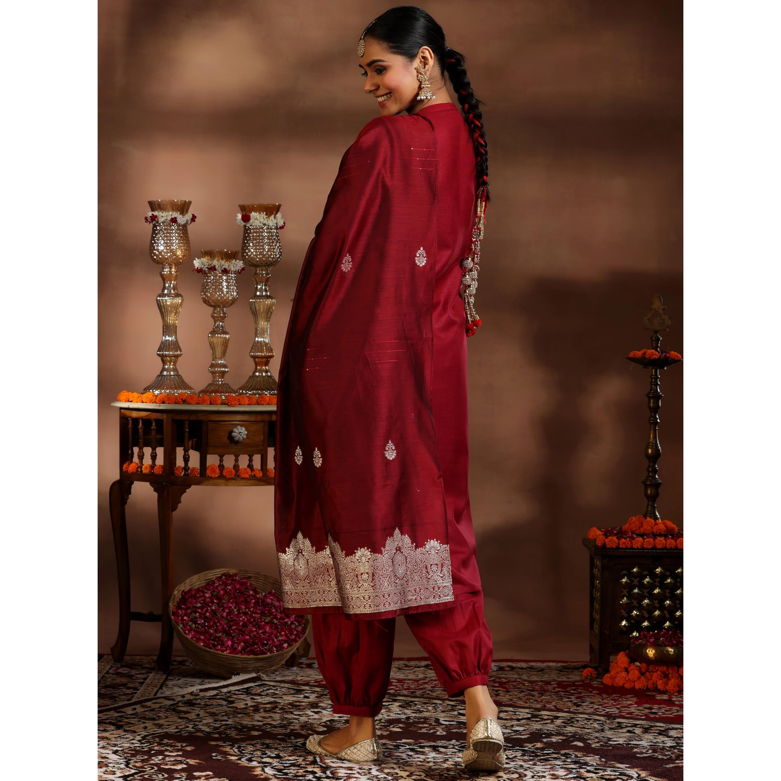 Libas Women's Silk Blend Kurta Set (39046_Maroon
