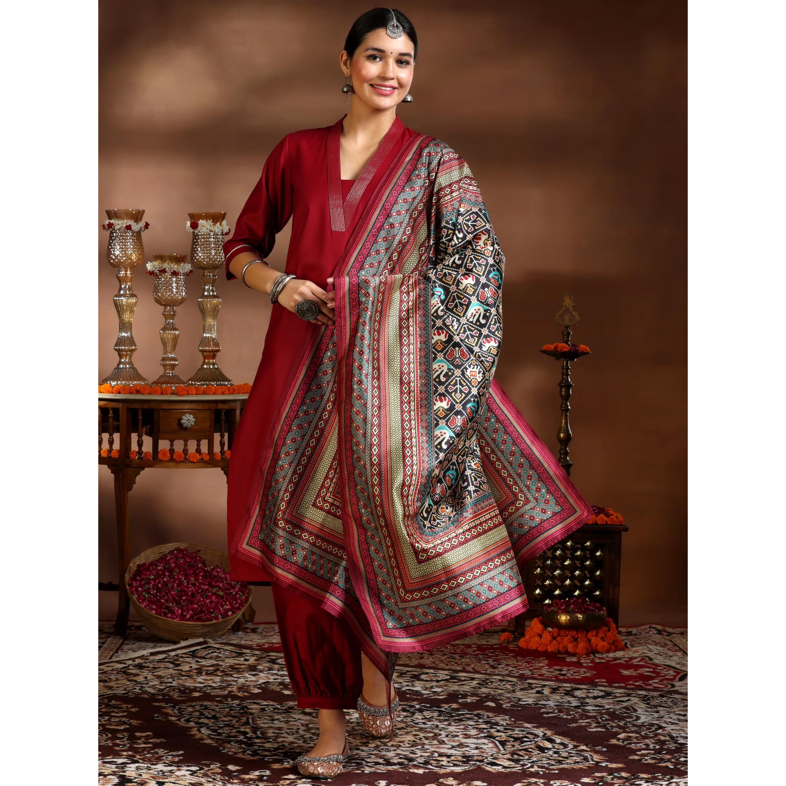 Libas Women's Silk Blend Kurta Set (39063_Maroon