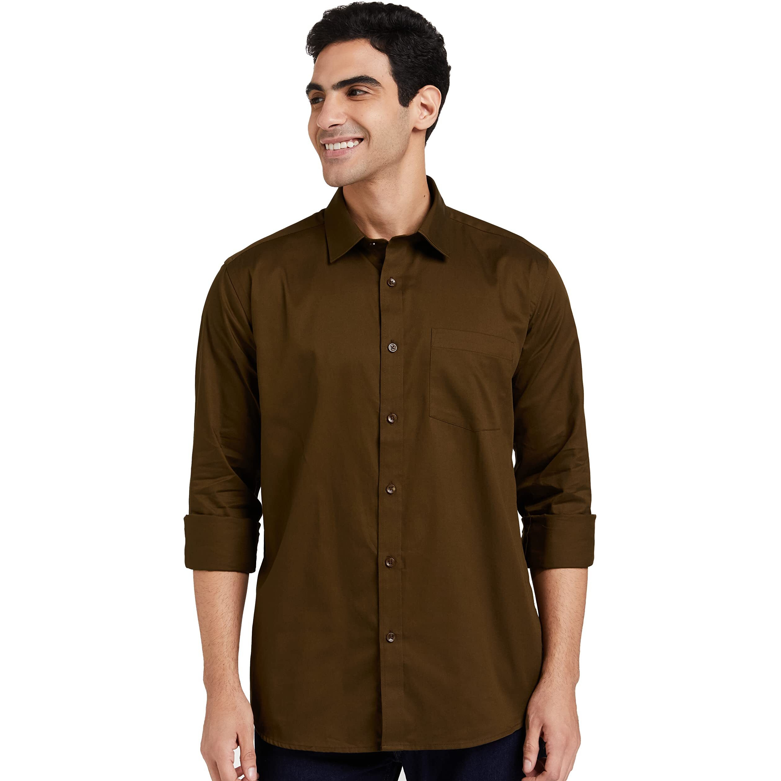 Amazon Brand - Symbol Men's Solid Cotton Formal Shirt | Plain | Full Sleeve - Regular Fit (Available in Plus Size) (Brown_48)
