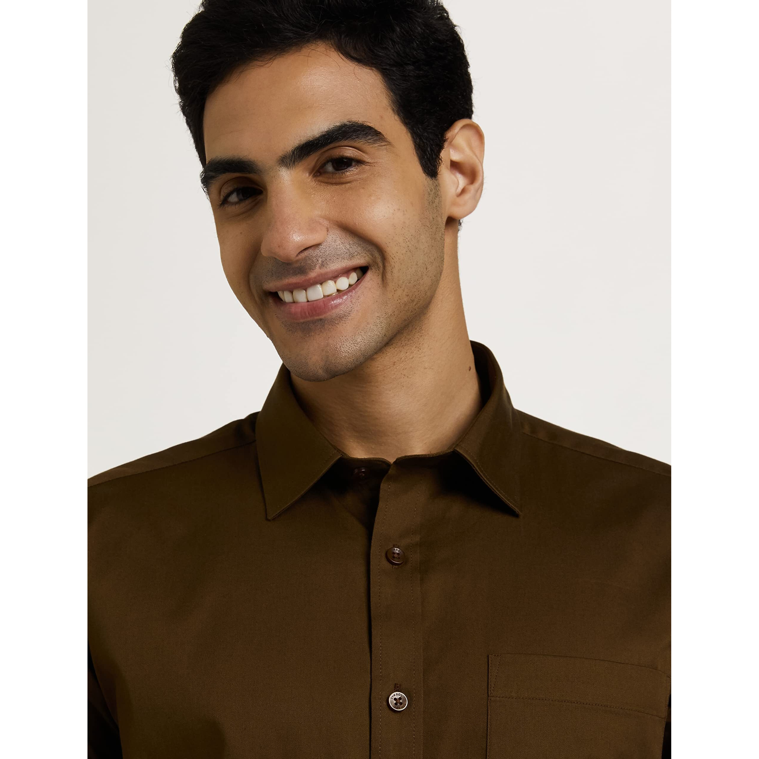 Amazon Brand - Symbol Men's Solid Cotton Formal Shirt | Plain | Full Sleeve - Regular Fit (Available in Plus Size) (Brown_48)