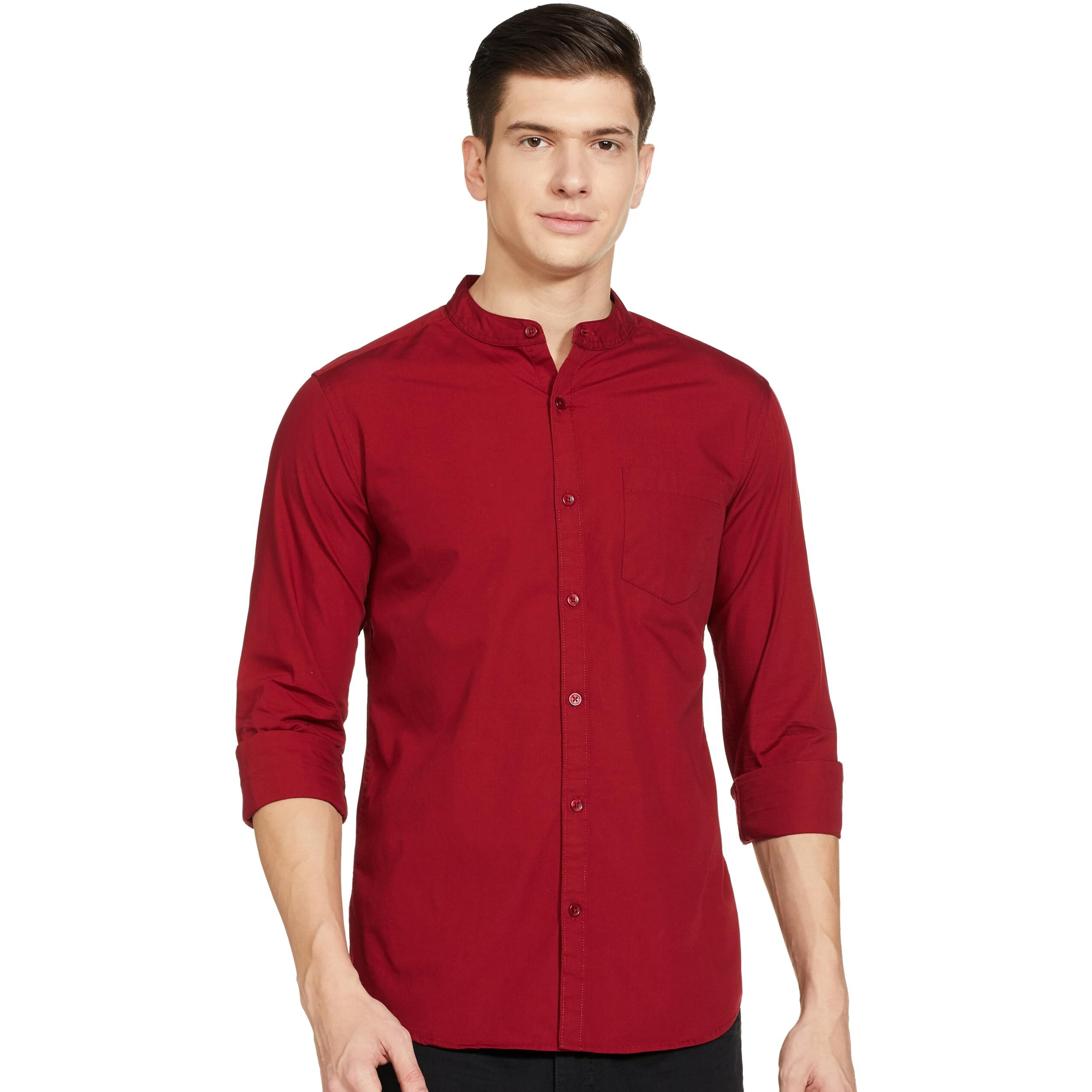 Amazon Brand - Symbol Men's Cotton Shirt | Chinese Collar | Casual | Plain | Full Sleeve | Summer - Regular Fit (Available in Plus Size) (Maroon_M)