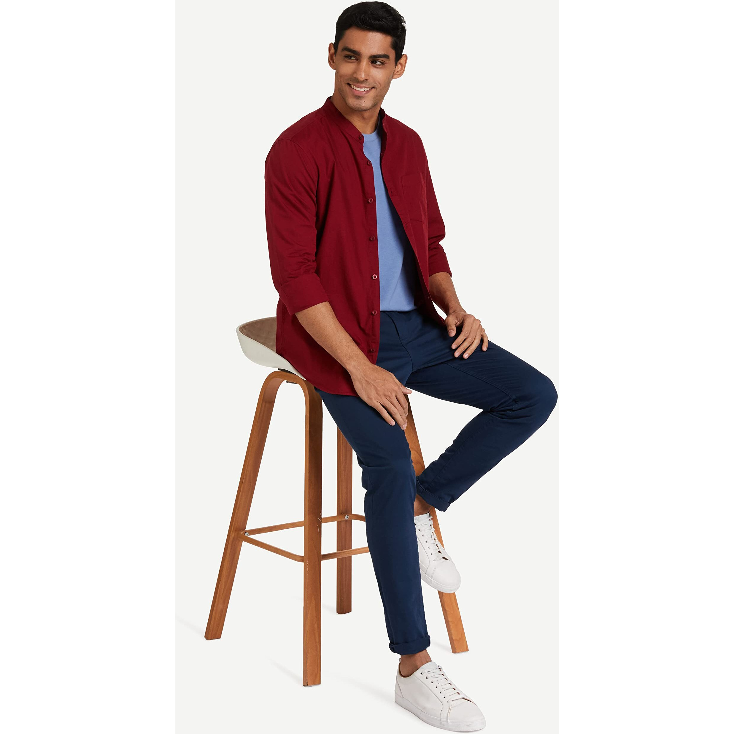 Amazon Brand - Symbol Men's Cotton Shirt | Chinese Collar | Casual | Plain | Full Sleeve | Summer - Regular Fit (Available in Plus Size) (Maroon_M)