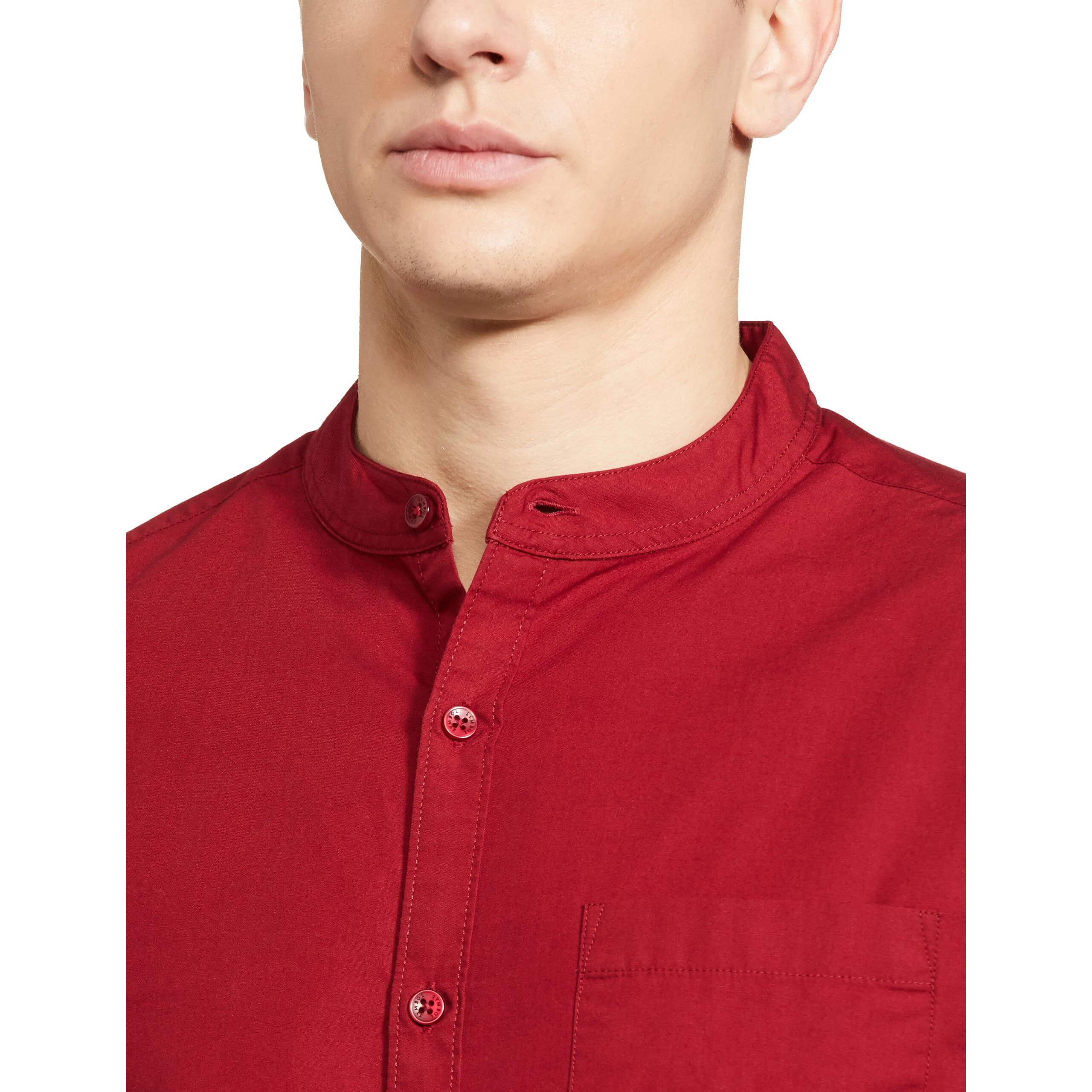 Amazon Brand - Symbol Men's Cotton Shirt | Chinese Collar | Casual | Plain | Full Sleeve | Summer - Regular Fit (Available in Plus Size) (Maroon_M)