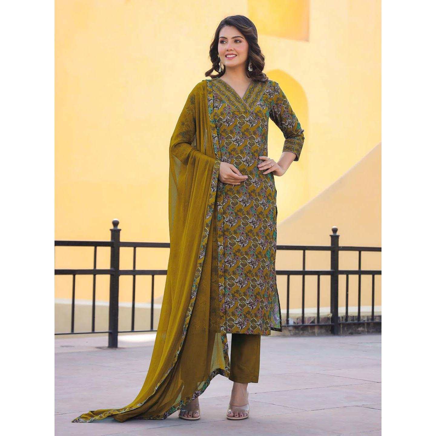 GoSriKi Women's Rayon Blend Straight Printed Kurta with Pant & Dupatta (Shaniya Mustard-GS_M_Mustard_Medium)