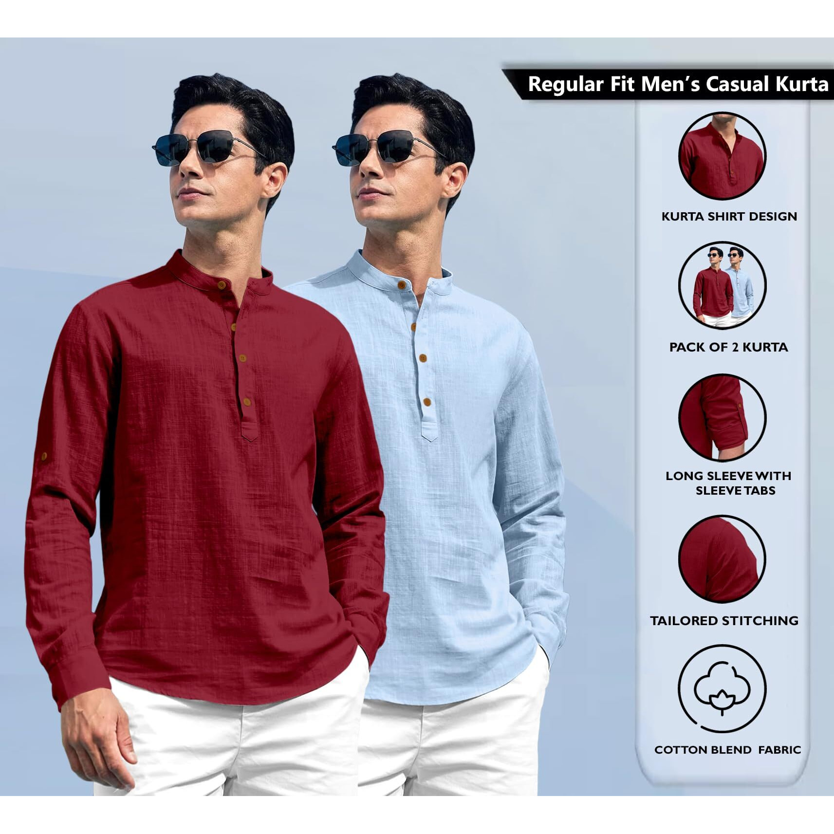Zombom Combo of Men's Solid Cotton Blend Full Sleeve Straight Kurta Shirt (Pack of 2)