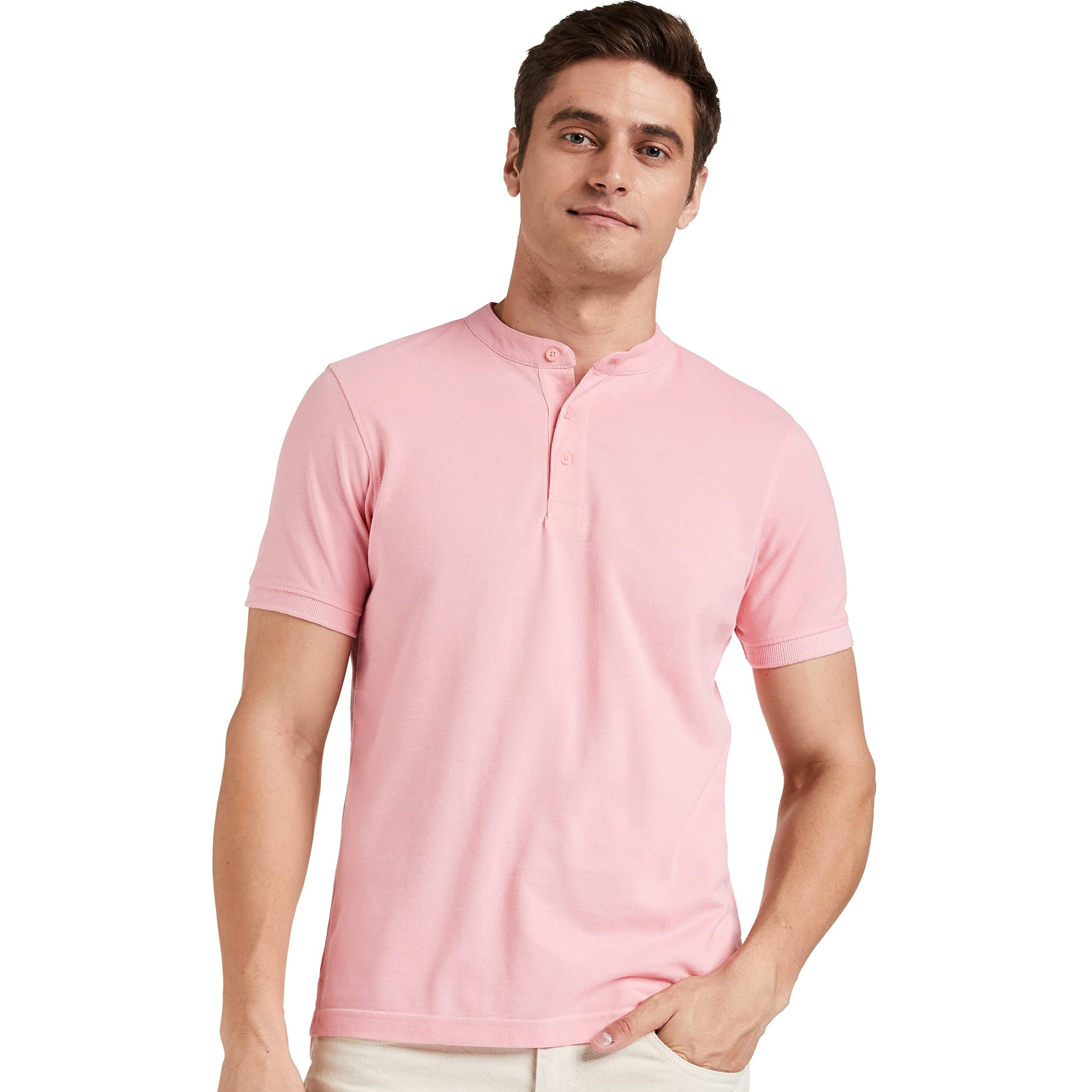 Amazon Brand - Symbol Men's Cotton Rich Polo T Shirt | Mandarin Collar Tshirts | Half Sleeves | Plain - Regular Fit (Pink_M)