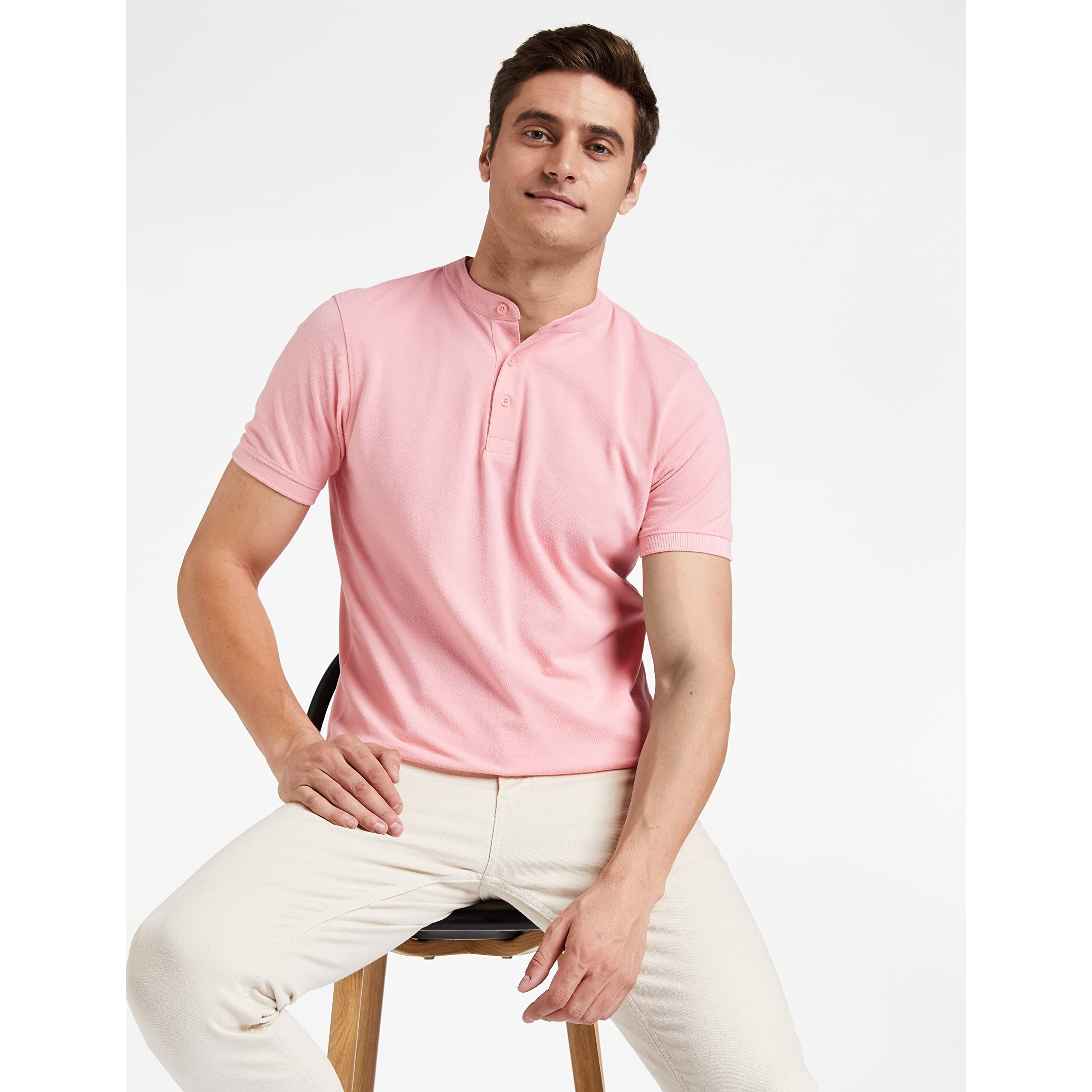 Amazon Brand - Symbol Men's Cotton Rich Polo T Shirt | Mandarin Collar Tshirts | Half Sleeves | Plain - Regular Fit (Pink_M)