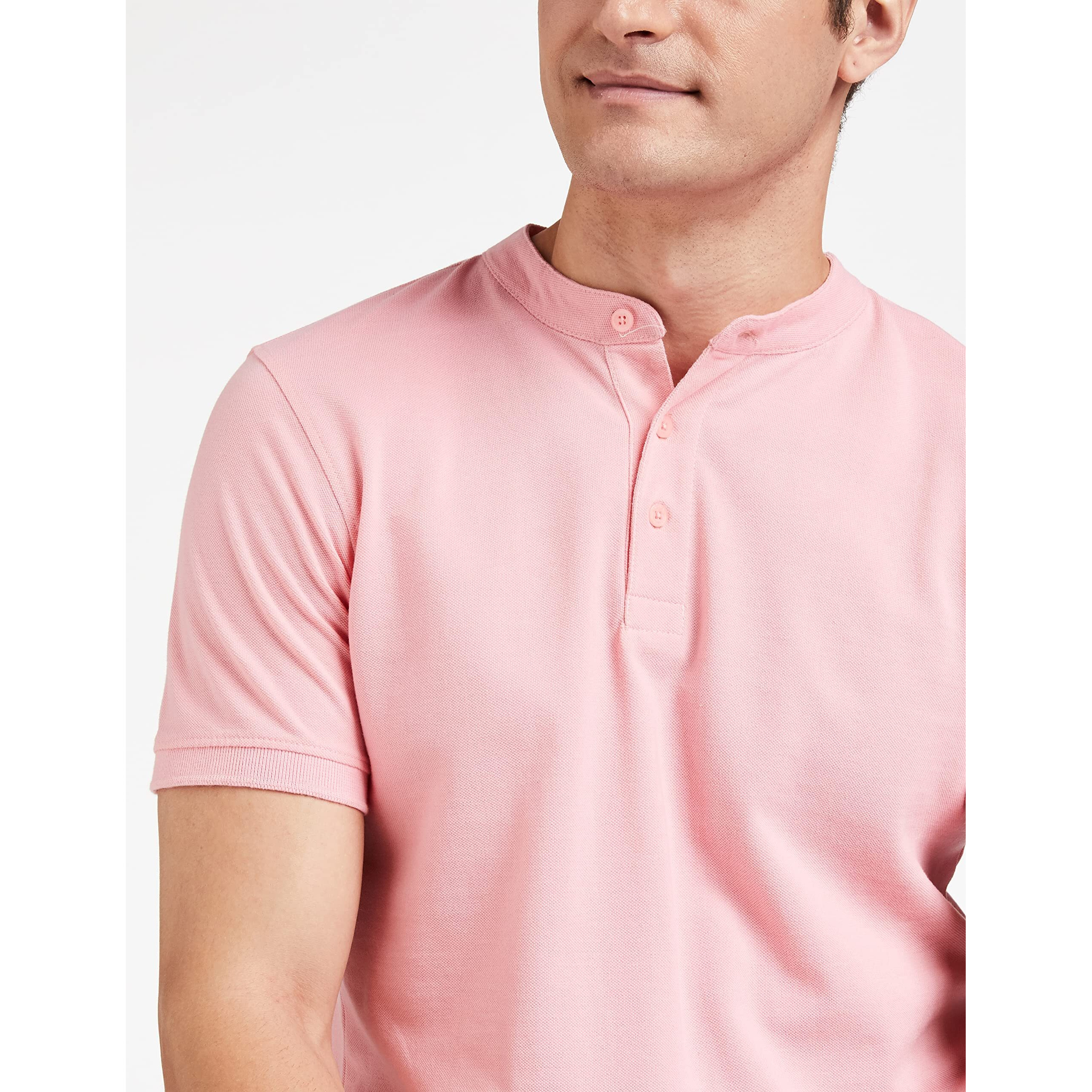 Amazon Brand - Symbol Men's Cotton Rich Polo T Shirt | Mandarin Collar Tshirts | Half Sleeves | Plain - Regular Fit (Pink_M)