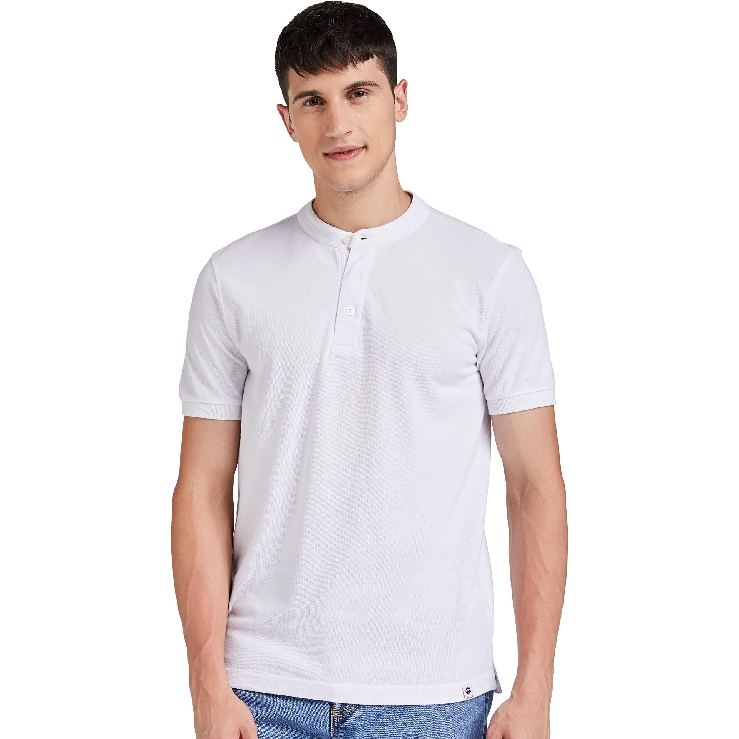 Amazon Brand - Symbol Men's Cotton Rich Polo T Shirt | Mandarin Collar Tshirts | Half Sleeves | Plain - Regular Fit (White_M)