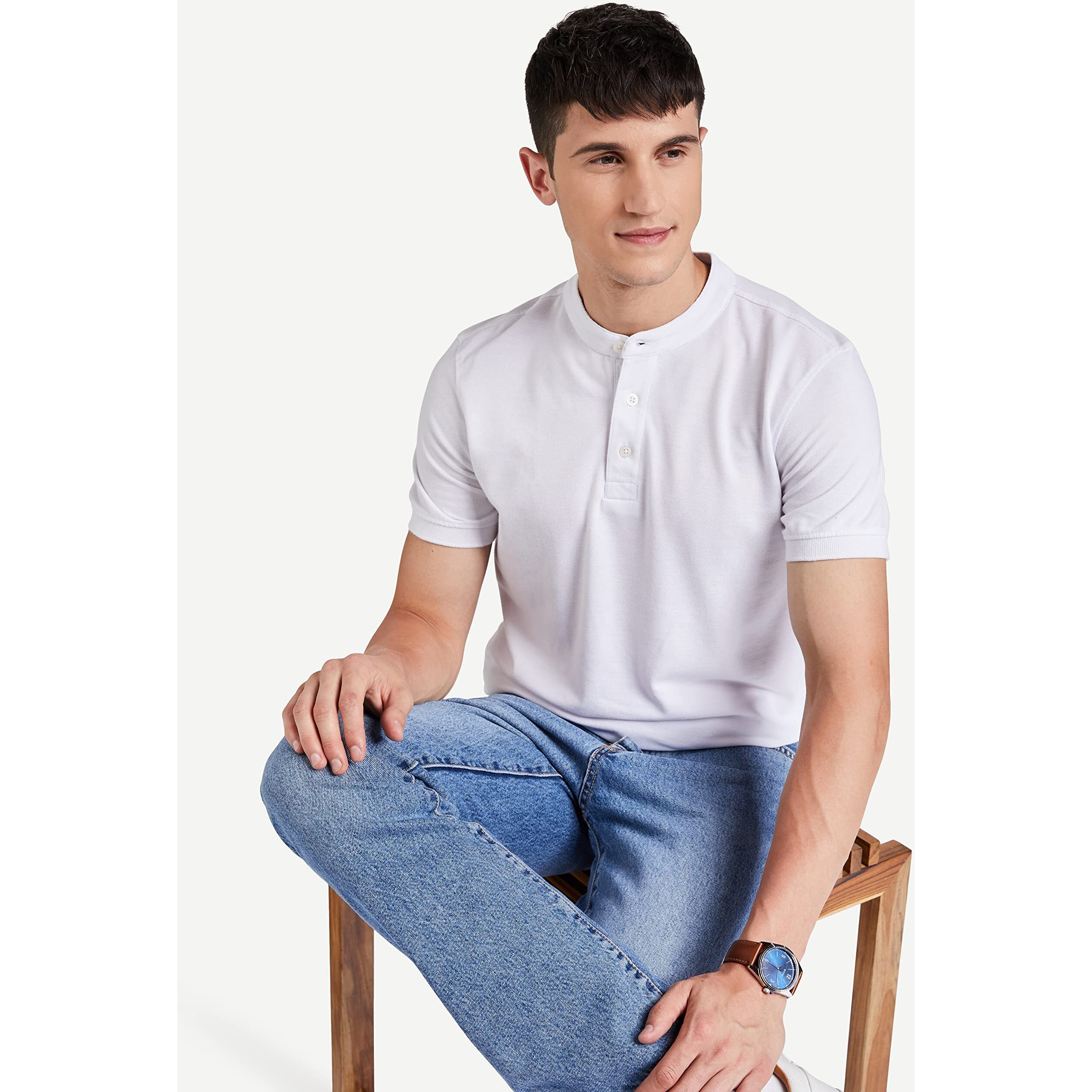 Amazon Brand - Symbol Men's Cotton Rich Polo T Shirt | Mandarin Collar Tshirts | Half Sleeves | Plain - Regular Fit (White_M)