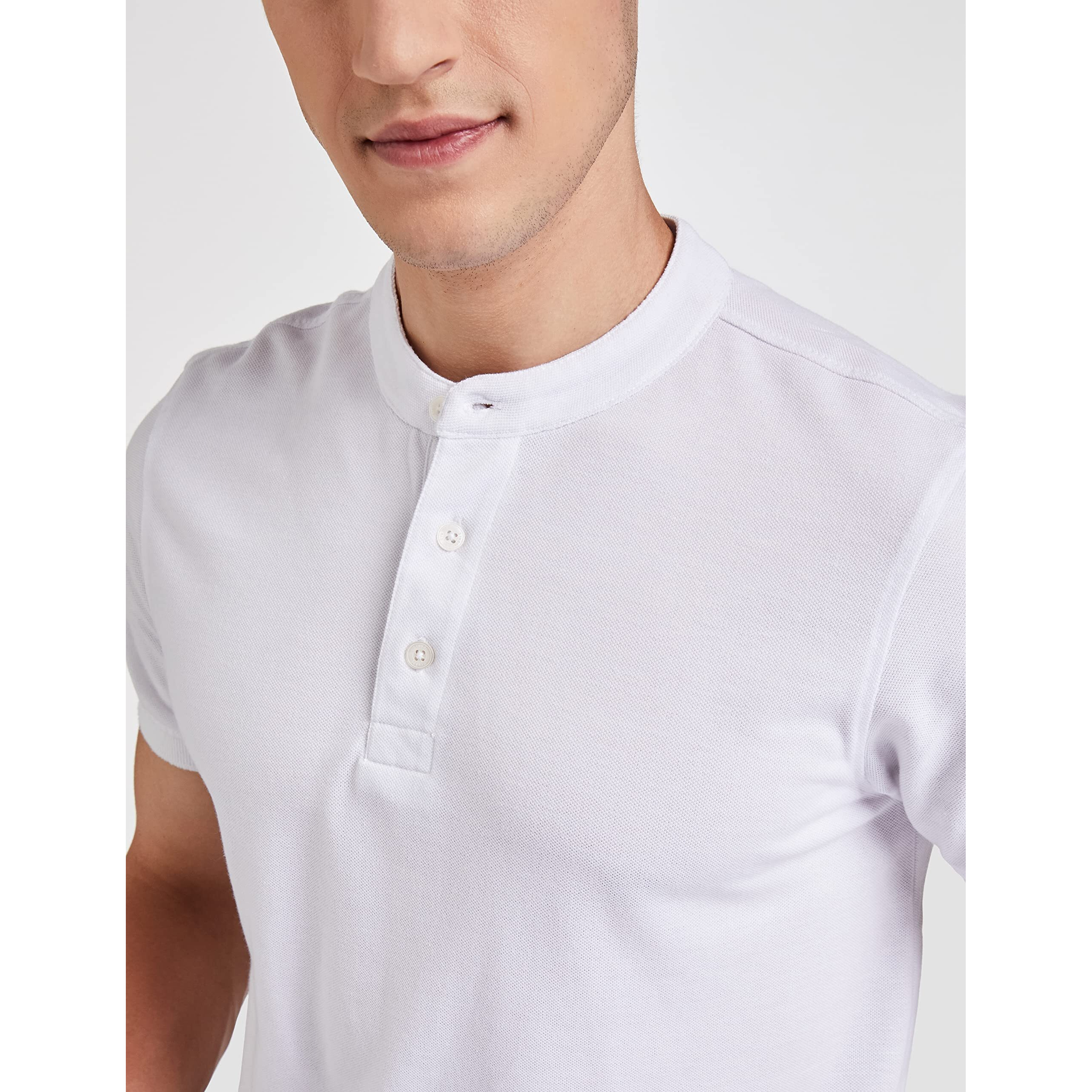 Amazon Brand - Symbol Men's Cotton Rich Polo T Shirt | Mandarin Collar Tshirts | Half Sleeves | Plain - Regular Fit (White_M)