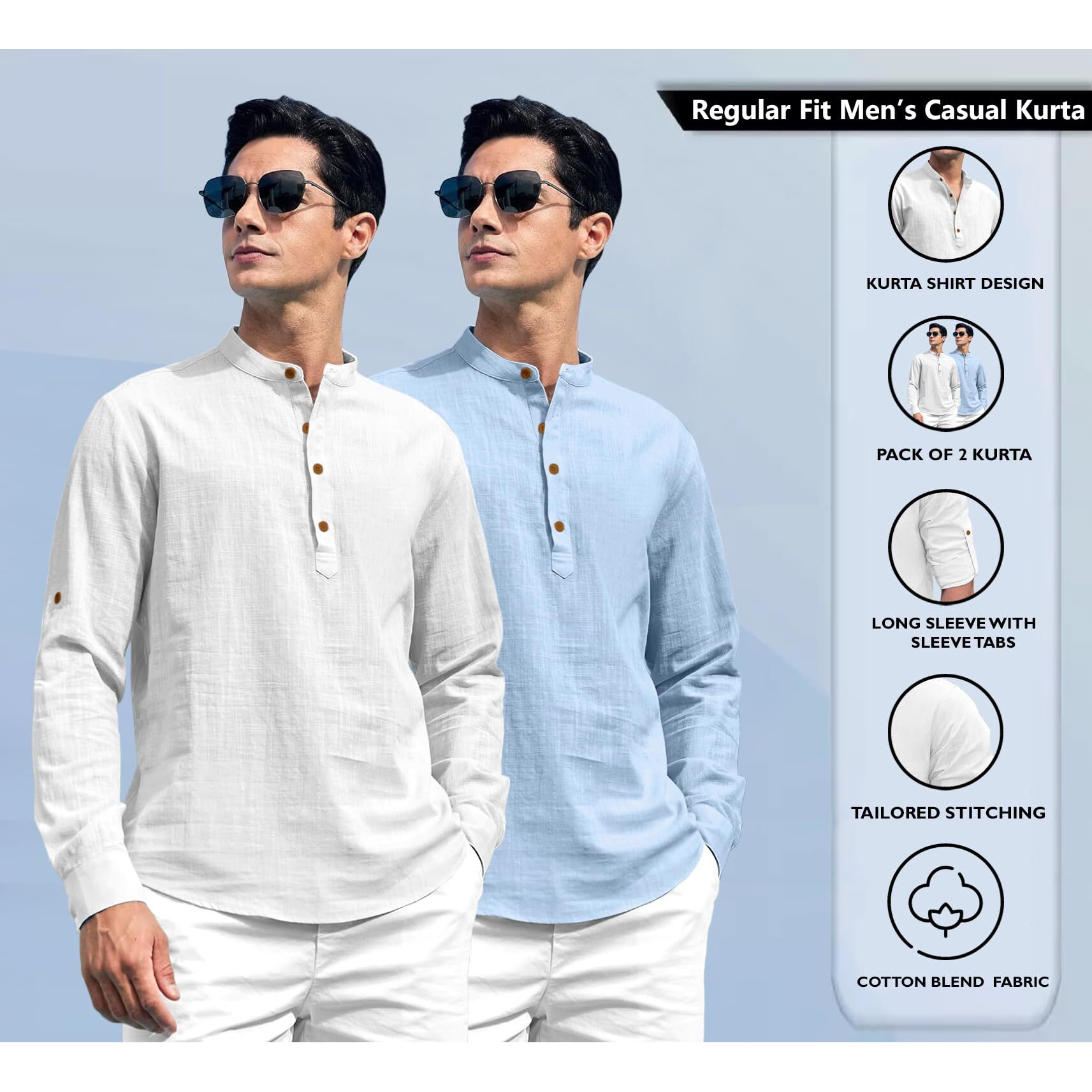 Zombom Combo of Men's Solid Cotton Blend Full Sleeve Straight Kurta Shirt (Pack of 2) White-Sky Blue