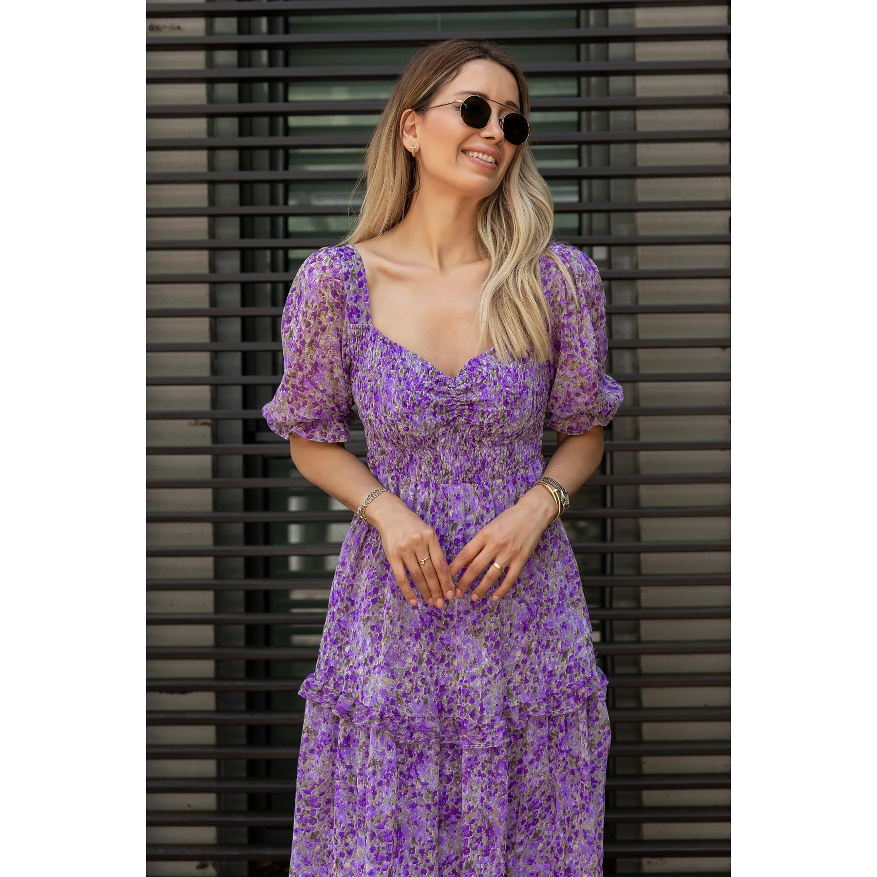 Sheetal Associates Women's Floral Puff Sleeve High Waist A Line Flowy Long Dress (X-Large, Purple)