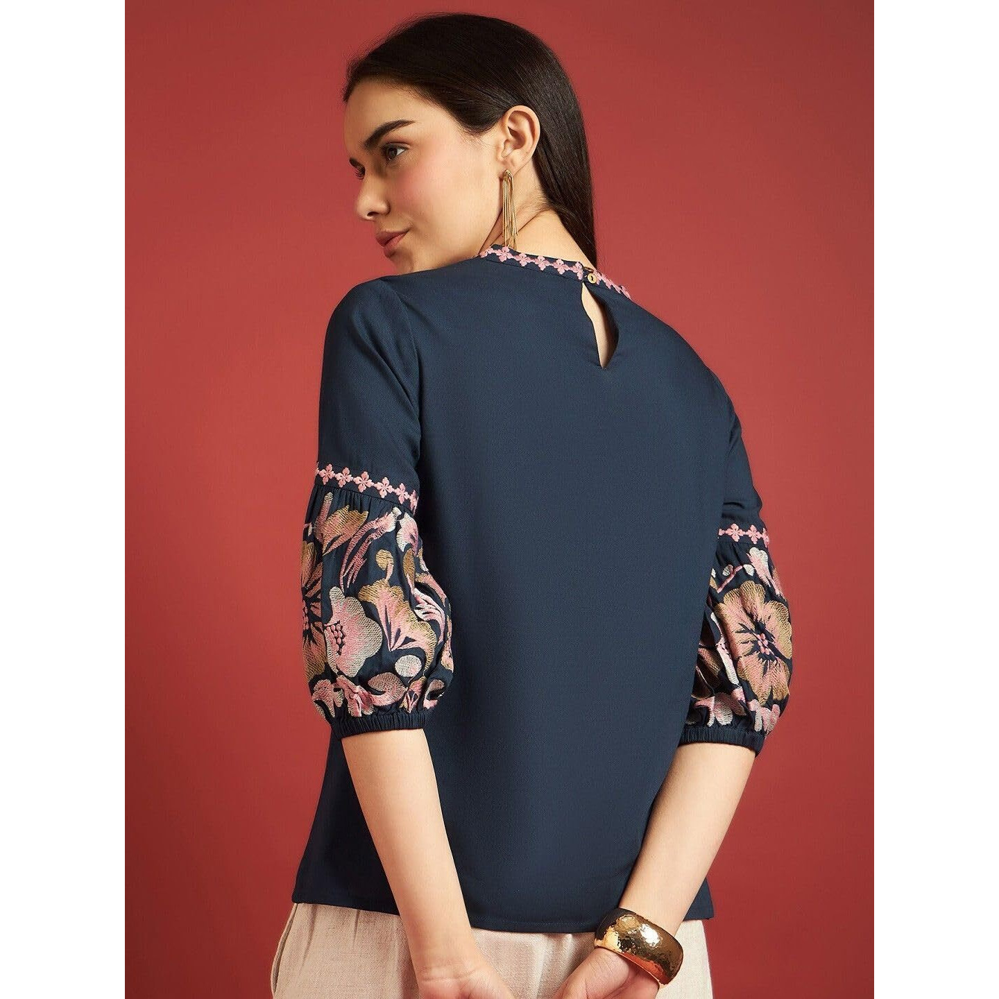 rytras Women's Embroidered Regular Top(Blue,XS)