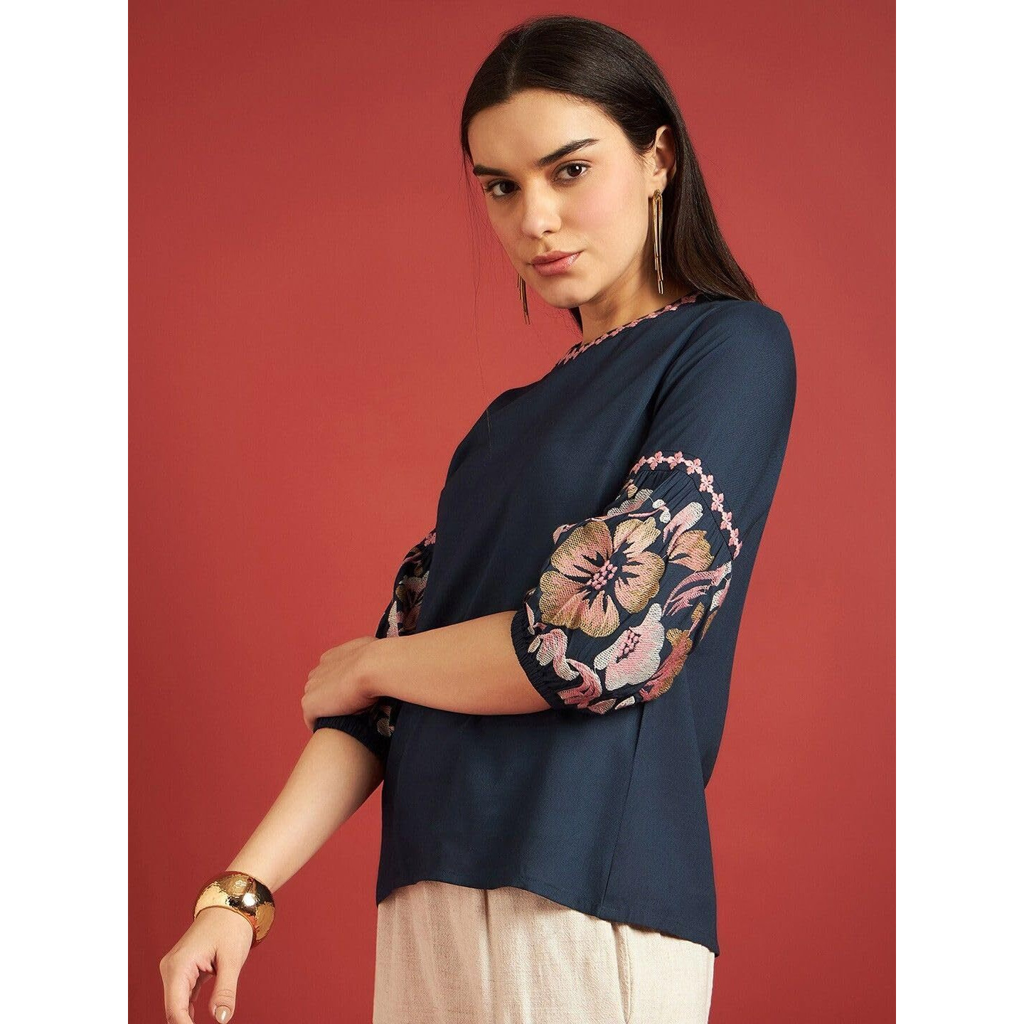 rytras Women's Embroidered Regular Top(Blue,XS)