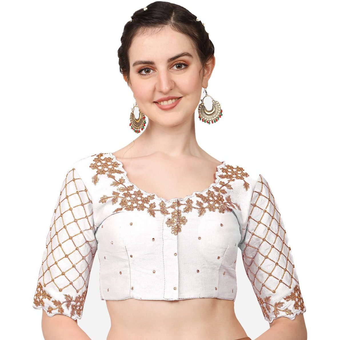 Pujia Mills Women's Embroidery Handwork, Rough Cut Work Stone Work Readymade Blouse (38, White)