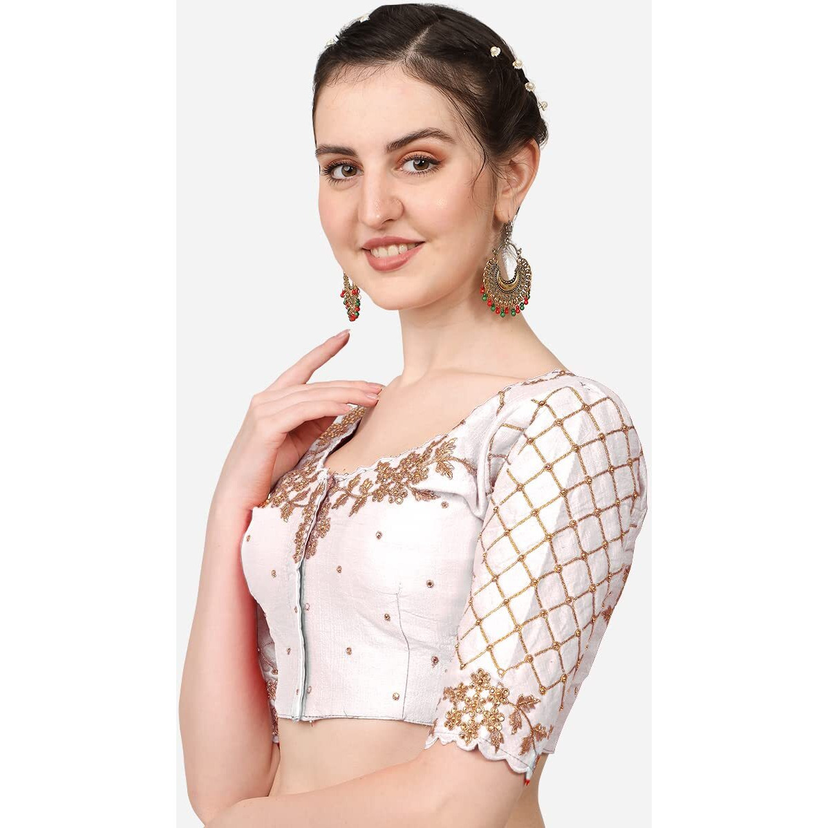 Pujia Mills Women's Embroidery Handwork, Rough Cut Work Stone Work Readymade Blouse (38, White)