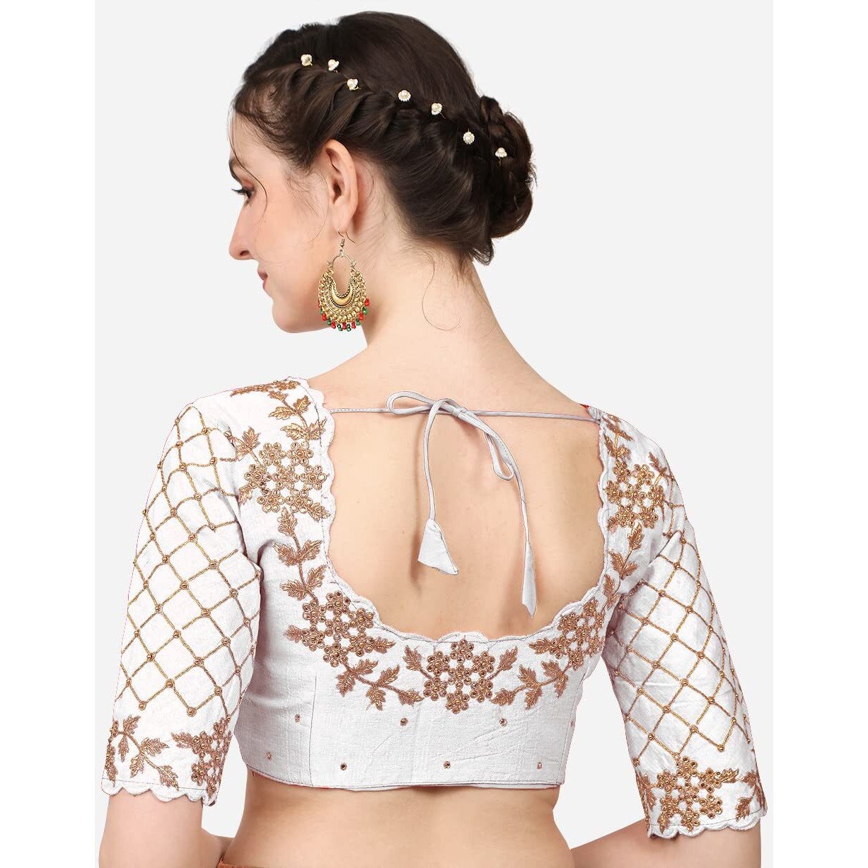 Pujia Mills Women's Embroidery Handwork, Rough Cut Work Stone Work Readymade Blouse (38, White)
