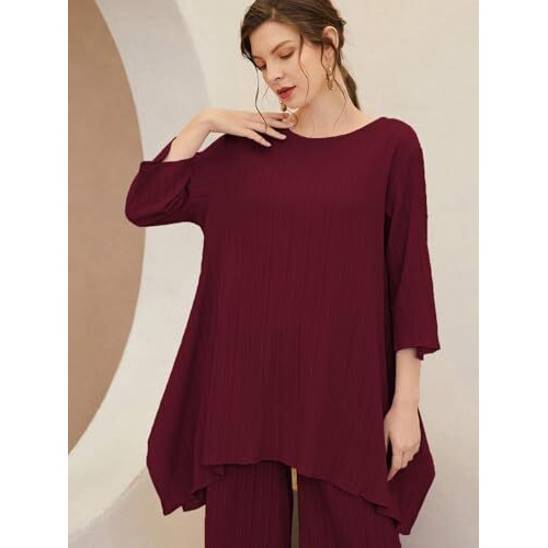 TADKEE Women's Solid Color Round Neck 3/4 Sleeve Co-ord Set | Casual Wear Co ord Set | Kurta Set for Women (FN-Round-Sugar-Cord-124-Maroon-M)