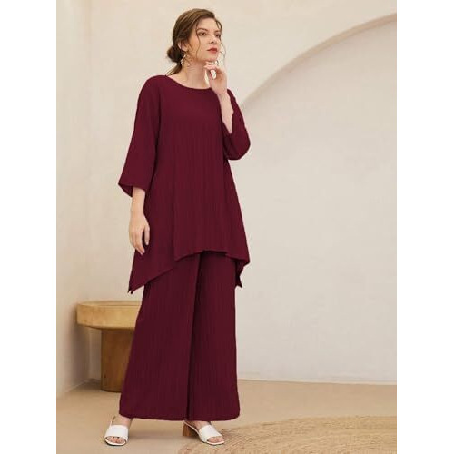 TADKEE Women's Solid Color Round Neck 3/4 Sleeve Co-ord Set | Casual Wear Co ord Set | Kurta Set for Women (FN-Round-Sugar-Cord-124-Maroon-M)