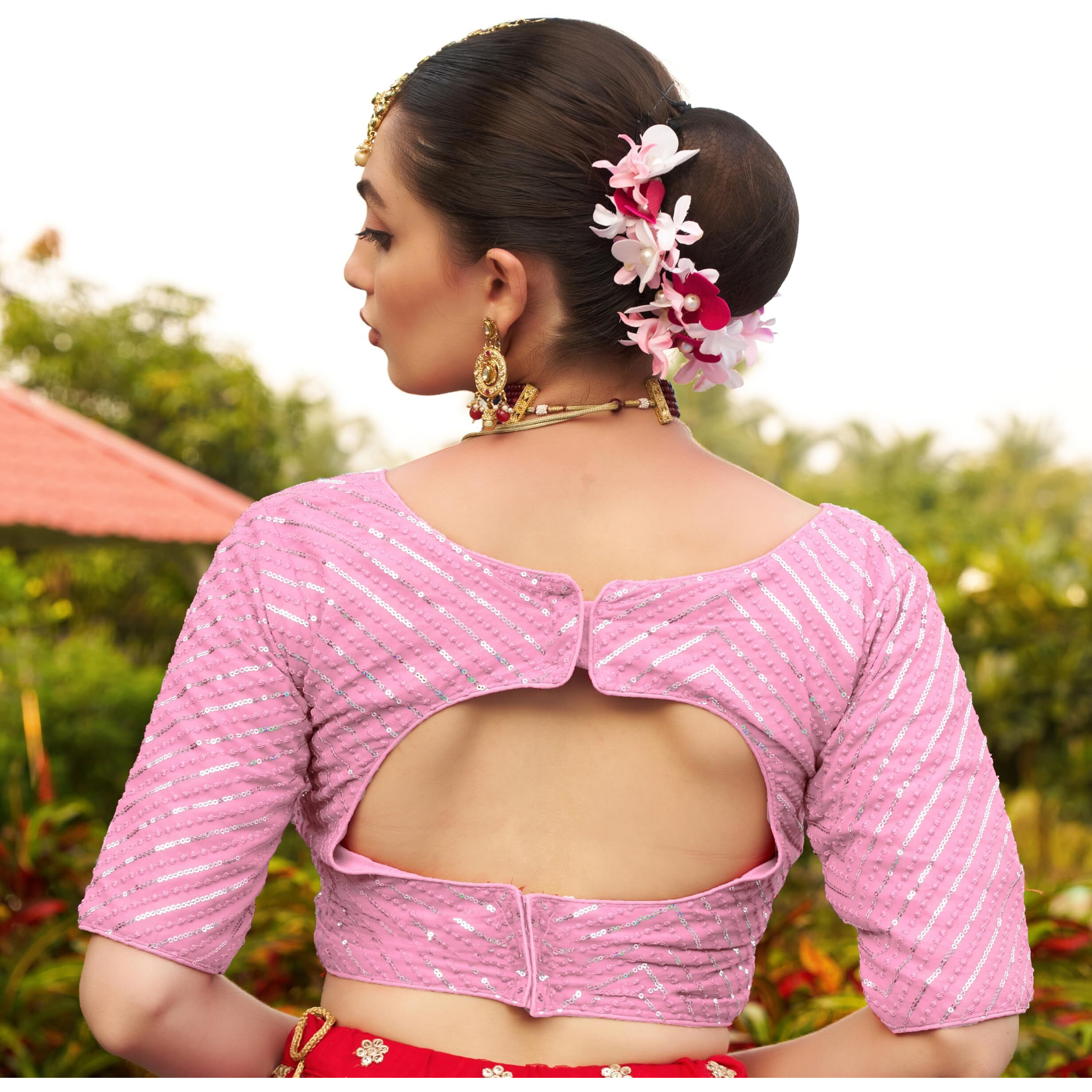 Pujia Mills Womens Fancy Readymade Half Sleeve Sequins Saree Blouse (Baby Pink, 38)