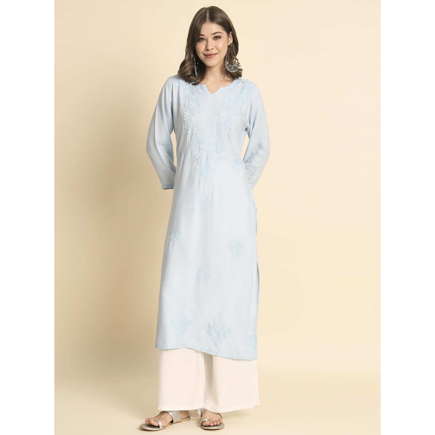 VAIRAGEE Women's Rayon Straight Cut Round Neck Kurta with Beautiful Lucknowi Chickenkari Work (1593) Sky