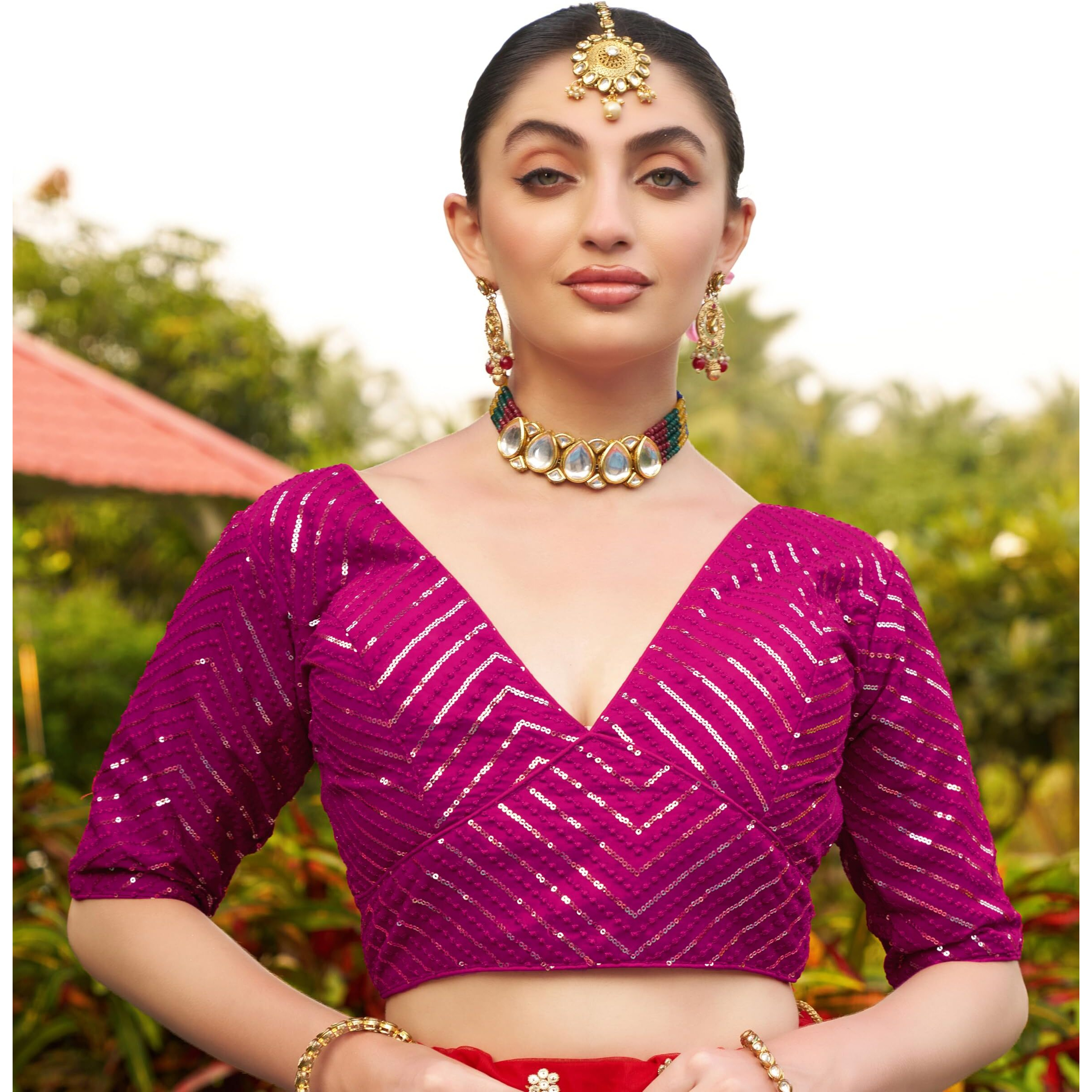 Pujia Mills Womens Fancy Readymade Half Sleeve Sequins Saree Blouse (Rani, 36)