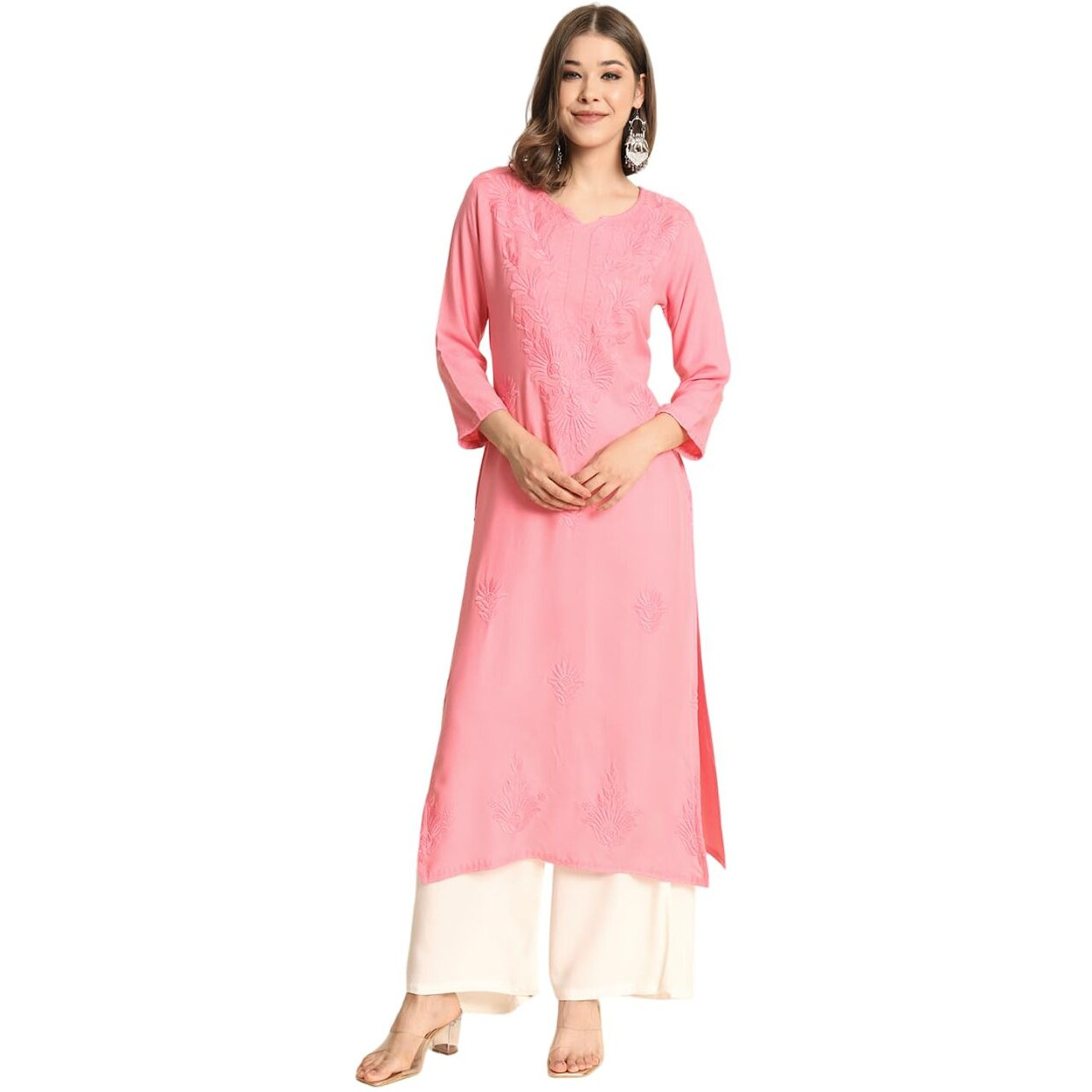 VAIRAGEE Women's Rayon Straight Cut Round Neck Kurta with Beautiful Lucknowi Chickenkari Work (1593) Pink