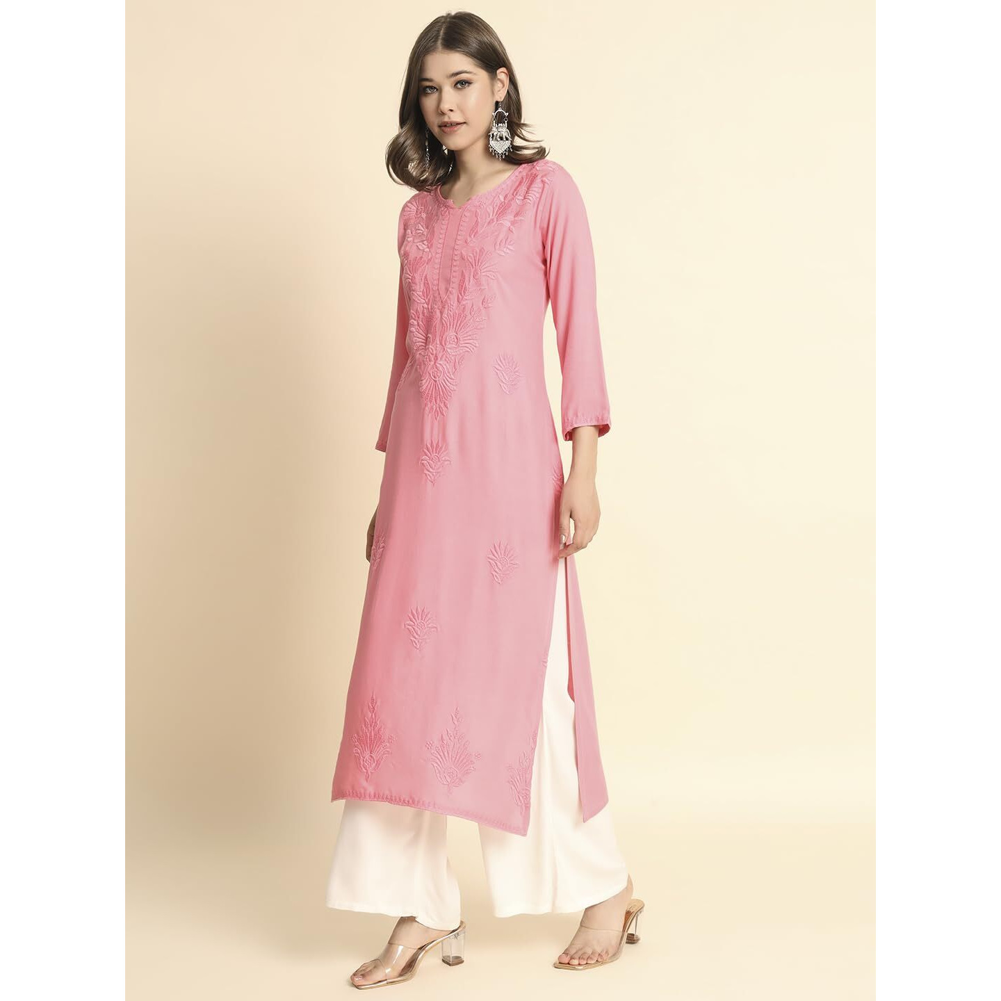 VAIRAGEE Women's Rayon Straight Cut Round Neck Kurta with Beautiful Lucknowi Chickenkari Work (1593) Pink