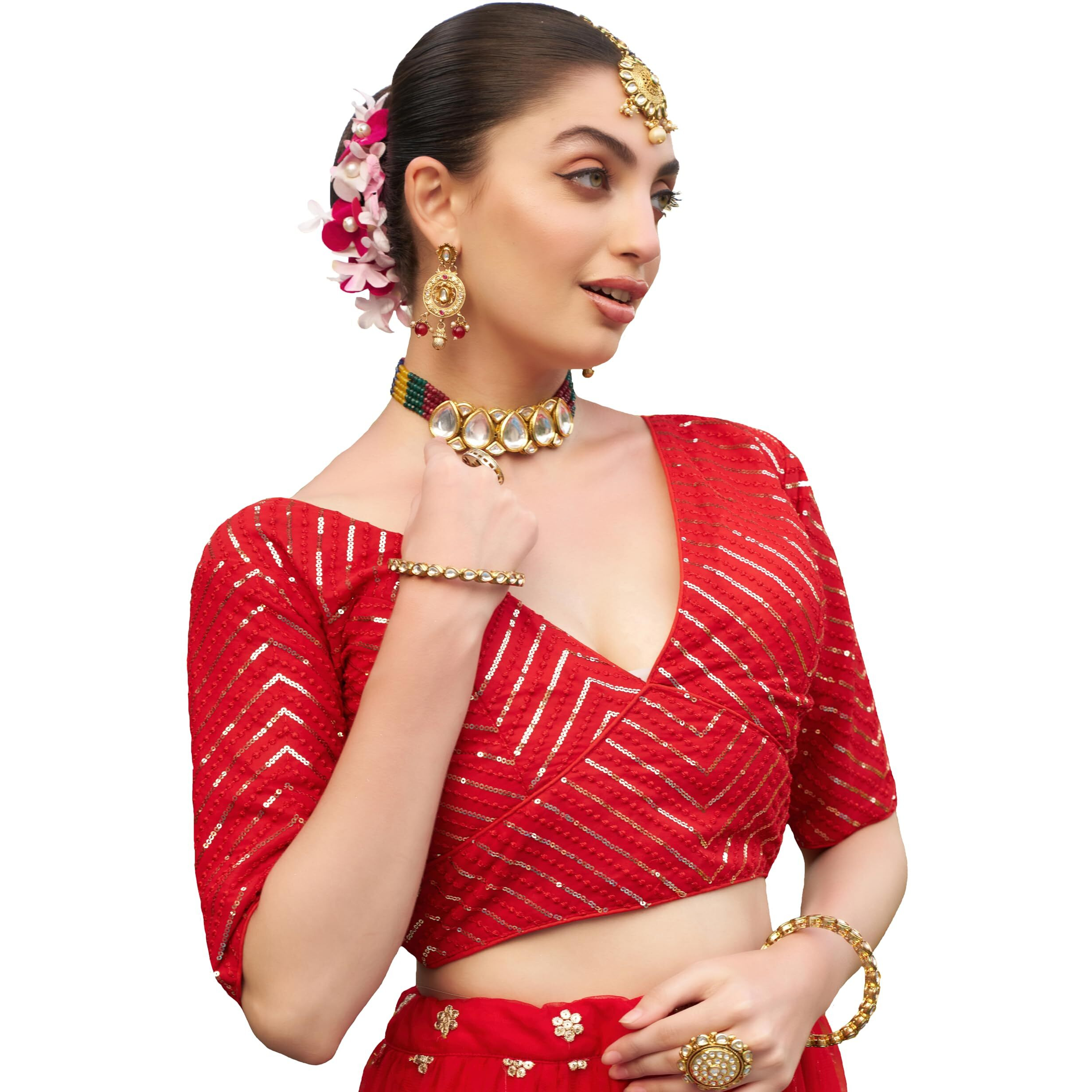 Pujia Mills Womens Fancy Readymade Half Sleeve Sequins Saree Blouse (Red, 34)