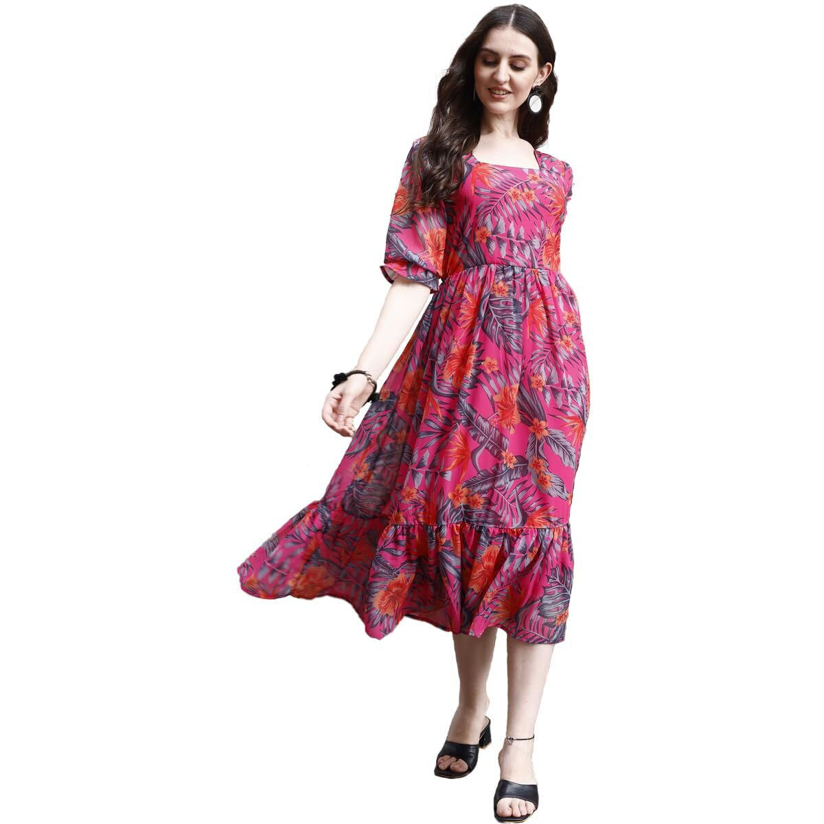 SMOWKLY Women's Georgette Floral Printed Indo-Western Ethnic Gown || Half Sleeve V Neck Fit & Flare Flared Hem Design || Casual Wear A-Line Maxi Dress 1324_PNK_L Pink