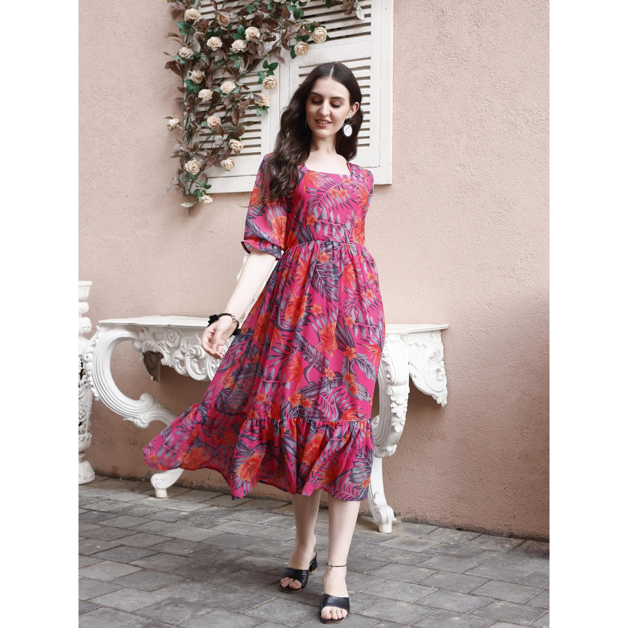 SMOWKLY Women's Georgette Floral Printed Indo-Western Ethnic Gown || Half Sleeve V Neck Fit & Flare Flared Hem Design || Casual Wear A-Line Maxi Dress 1324_PNK_L Pink