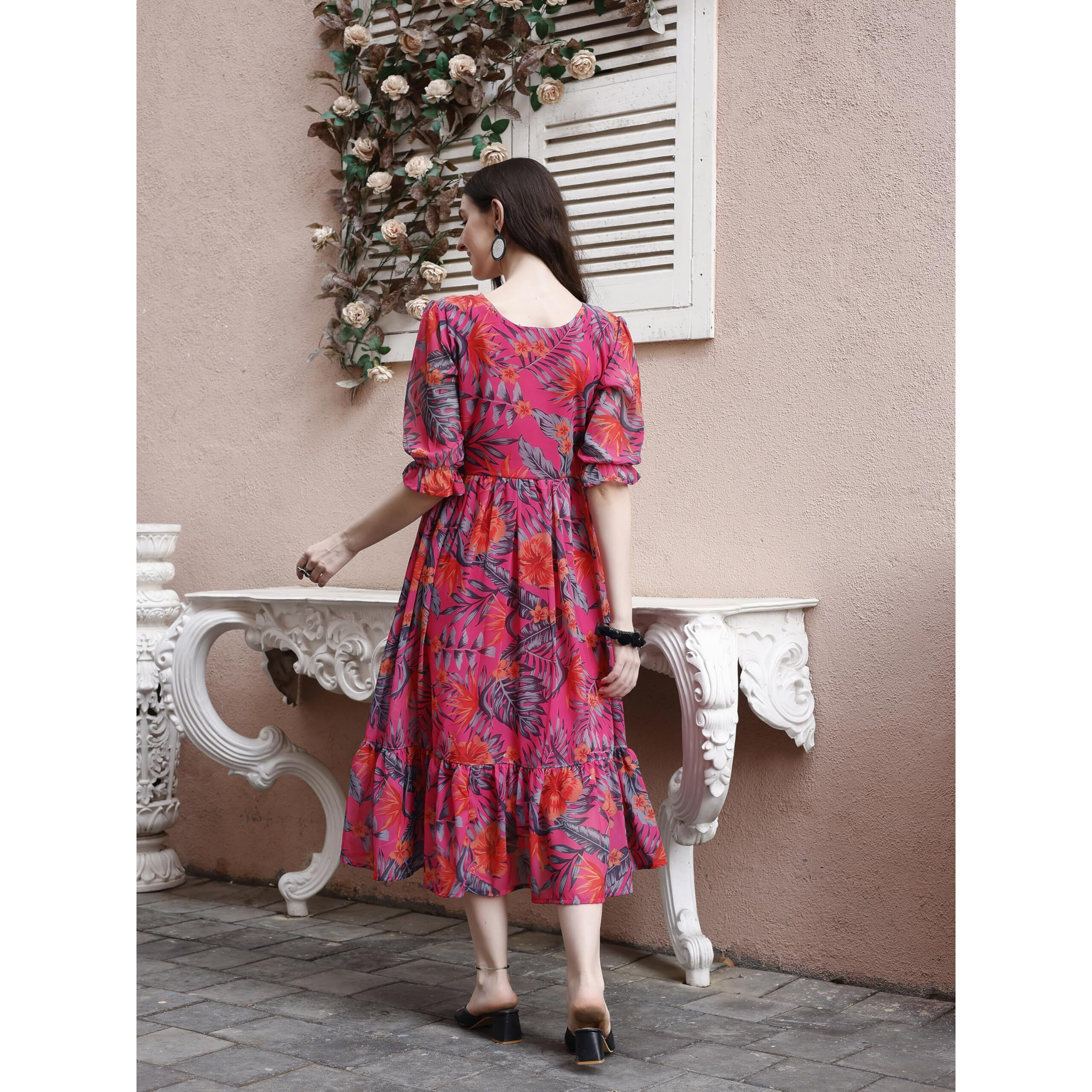 SMOWKLY Women's Georgette Floral Printed Indo-Western Ethnic Gown || Half Sleeve V Neck Fit & Flare Flared Hem Design || Casual Wear A-Line Maxi Dress 1324_PNK_L Pink