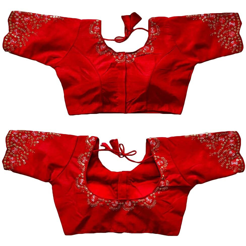 Pujia Mills Women's Silk Embroidery Sequence Work Half Sleeve Readymade Blouse (Red, 34)