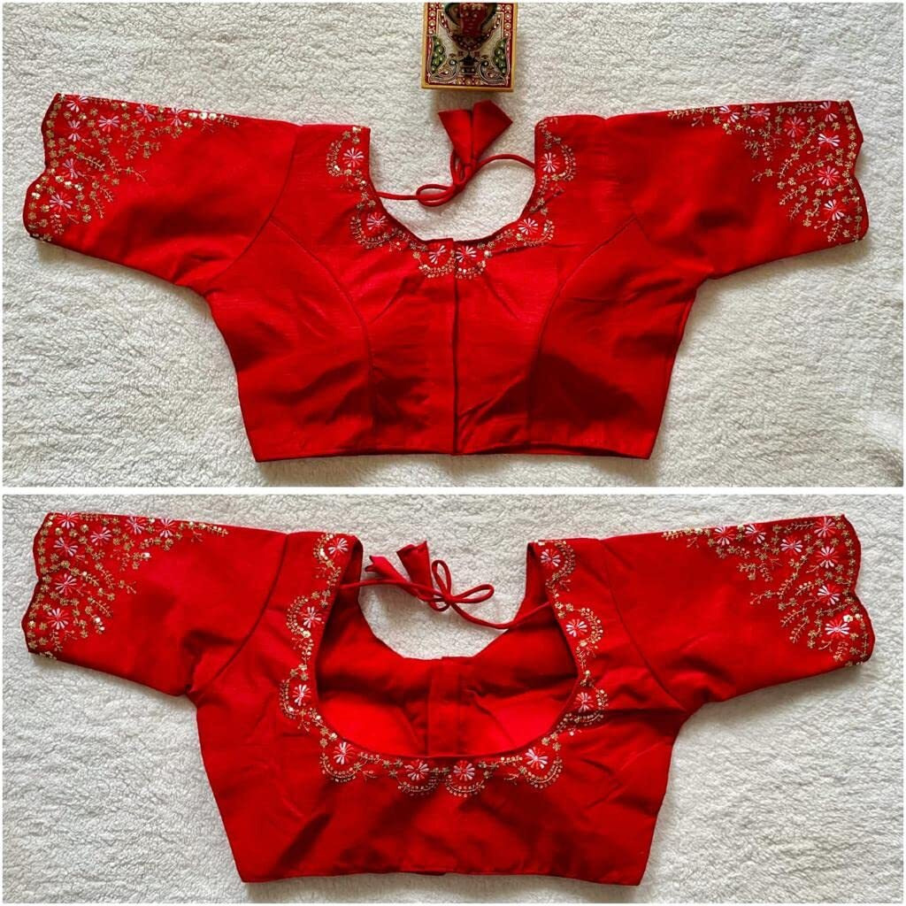 Pujia Mills Women's Silk Embroidery Sequence Work Half Sleeve Readymade Blouse (Red, 34)