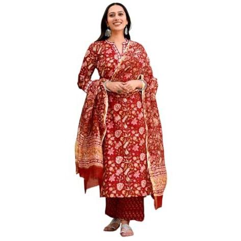 FABNEX Cotton Blend Kurta Set For Women | Women Kurta | Women Kurta Sets Kurtis | Women Kurta Pant Set | Women Kurta Pant Set Women Kurti Set With Pant (K-49-50,L, Red)