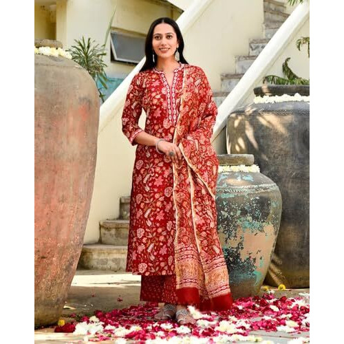 FABNEX Cotton Blend Kurta Set For Women | Women Kurta | Women Kurta Sets Kurtis | Women Kurta Pant Set | Women Kurta Pant Set Women Kurti Set With Pant (K-49-50,L, Red)