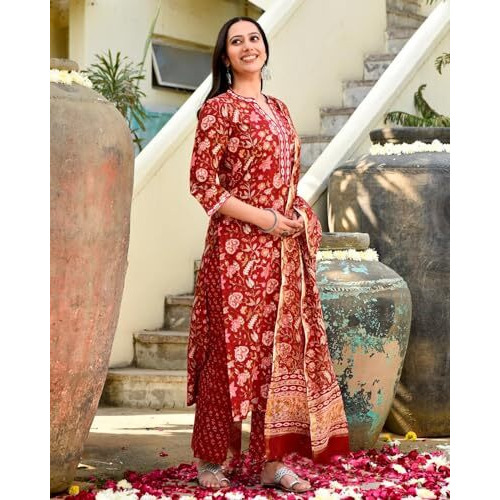 FABNEX Cotton Blend Kurta Set For Women | Women Kurta | Women Kurta Sets Kurtis | Women Kurta Pant Set | Women Kurta Pant Set Women Kurti Set With Pant (K-49-50,L, Red)