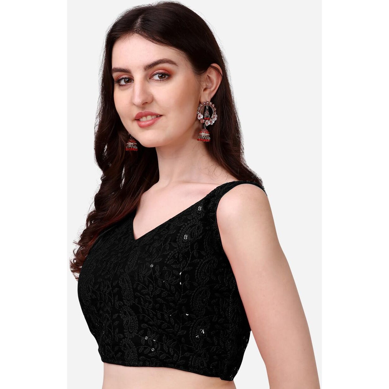 Pujia Mills Women's Georgette Sipali Sequin Work Sleeveless Blouse (Lakhnavi 5_Black_38)
