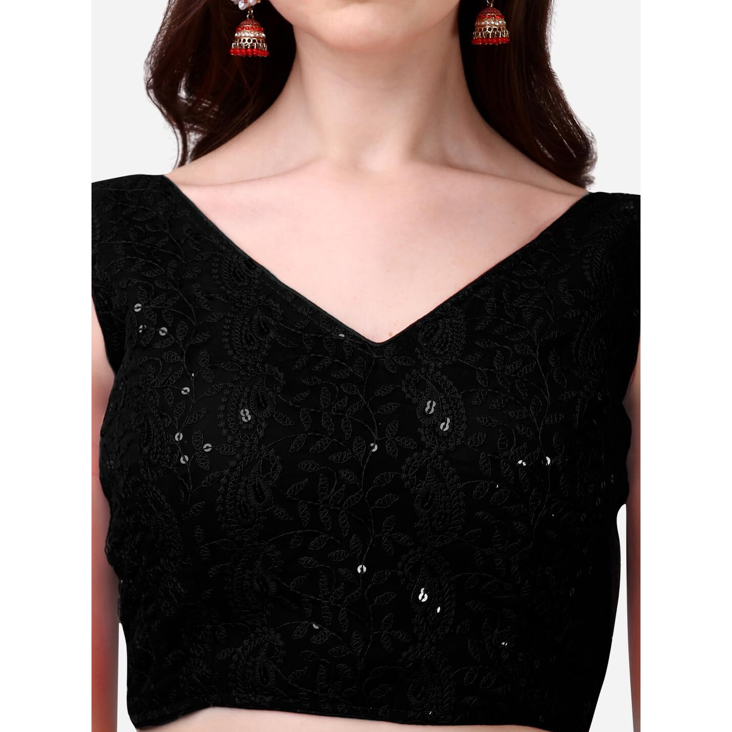 Pujia Mills Women's Georgette Sipali Sequin Work Sleeveless Blouse (Lakhnavi 5_Black_38)