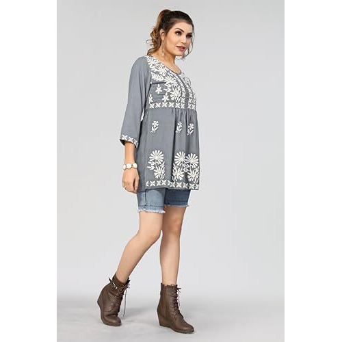 Bee M Pee Designer Short Kurti Tops for Jeans for Women I Chikankari Rayon Cotton Long Kurta Kurti for Women I Stylish wear Kurti top for Girls Grey
