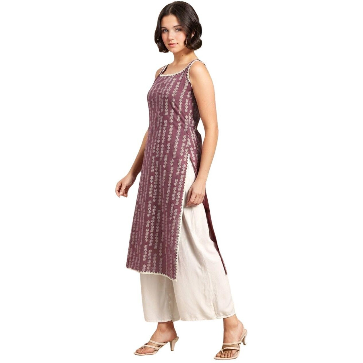 rytras Women's Cotton Printed Straight Sleeveless Kurta(Purple,3XL)