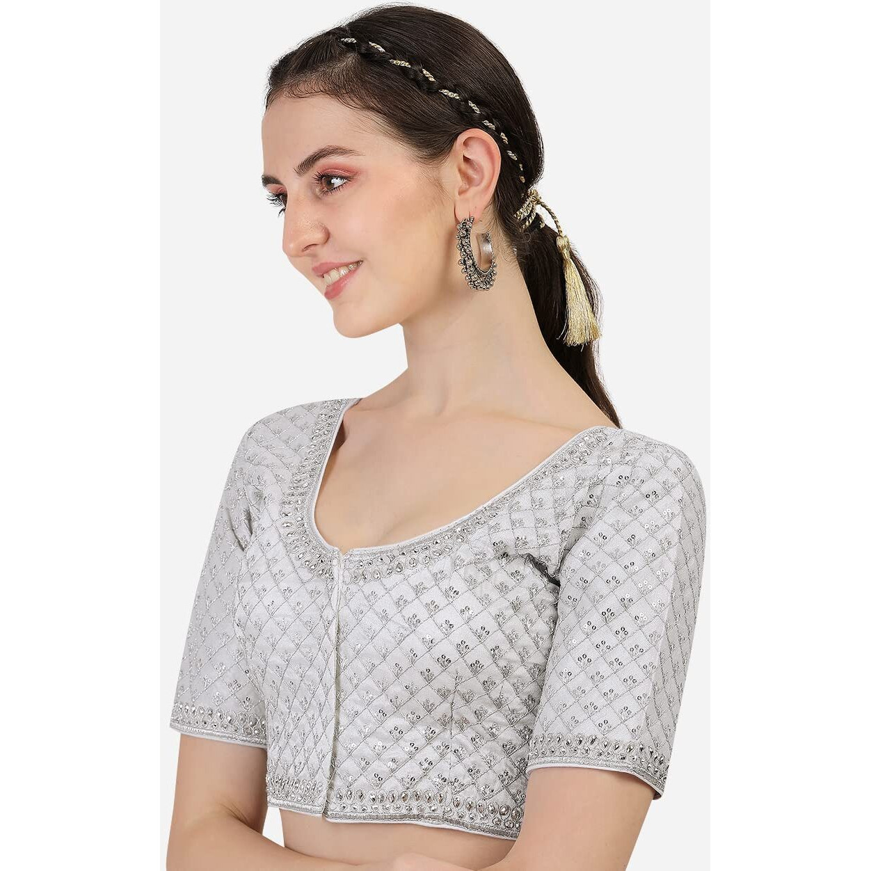 Pujia Mills Women's Heavy Silver Jari Thread Readymade Blouse for Saree Lehenga (White, 32)