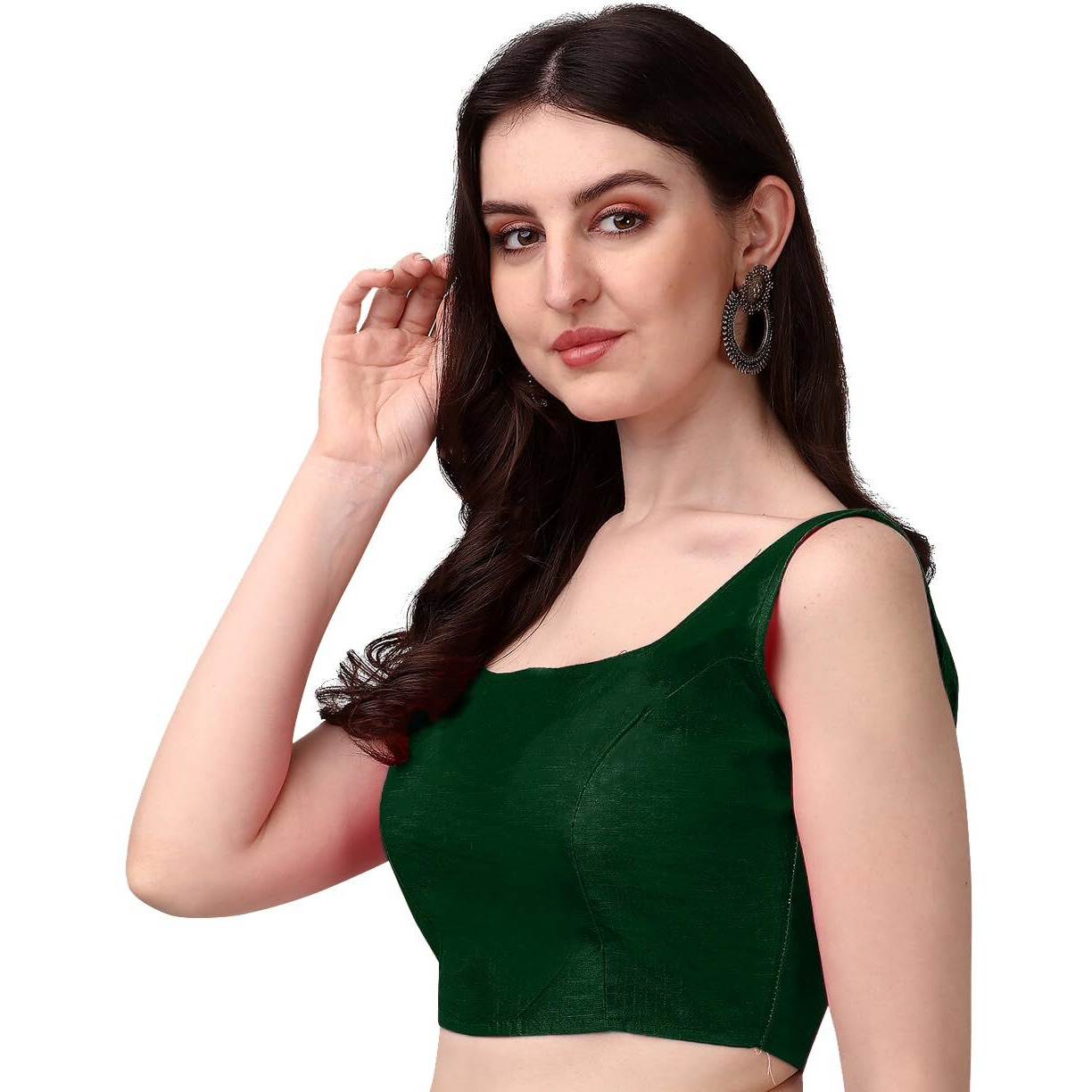 Pujia Mills Women's Deep Neck Silk Sleeveless Readymade Blouse (Sando_Green_38)