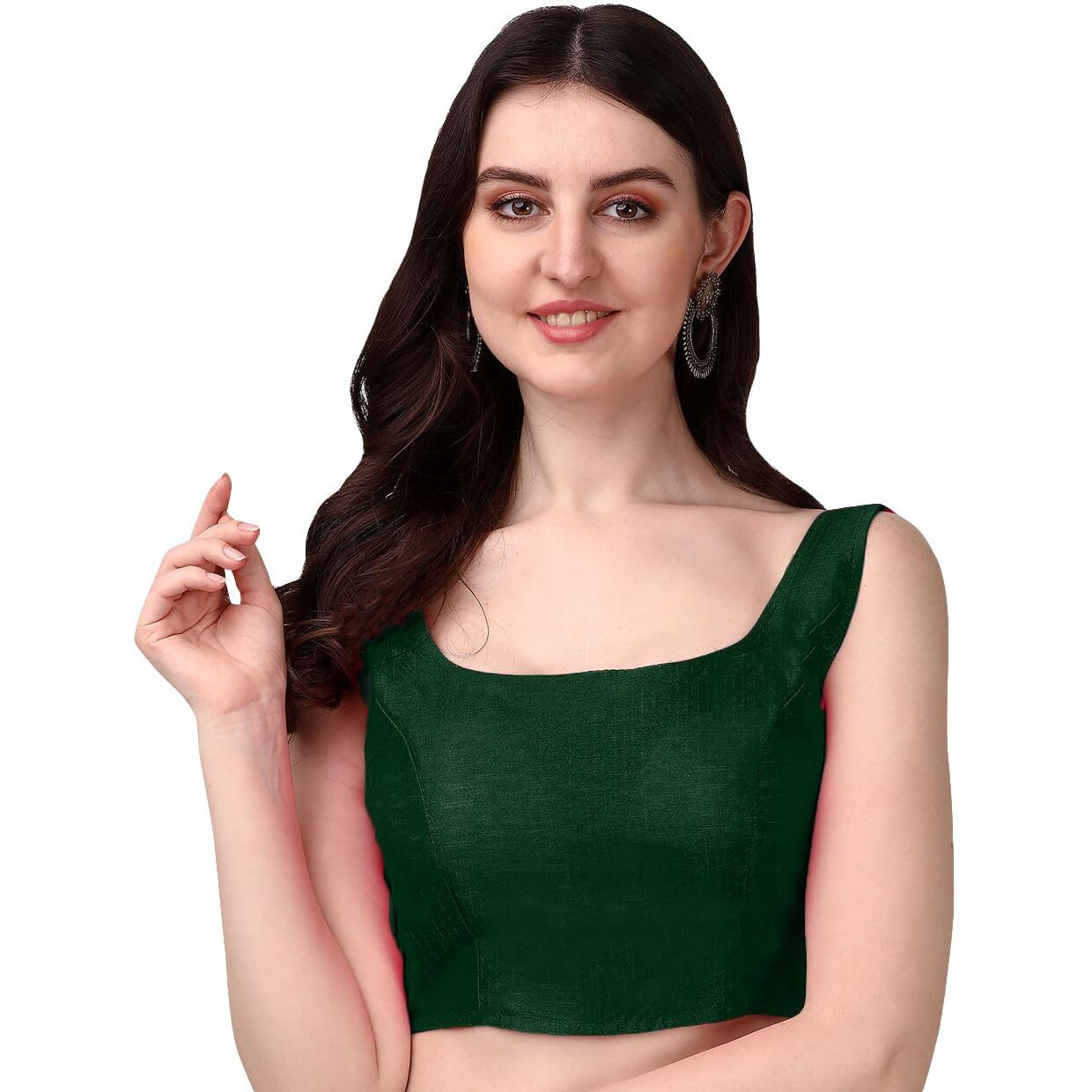 Pujia Mills Women's Deep Neck Silk Sleeveless Readymade Blouse (Sando_Green_38)